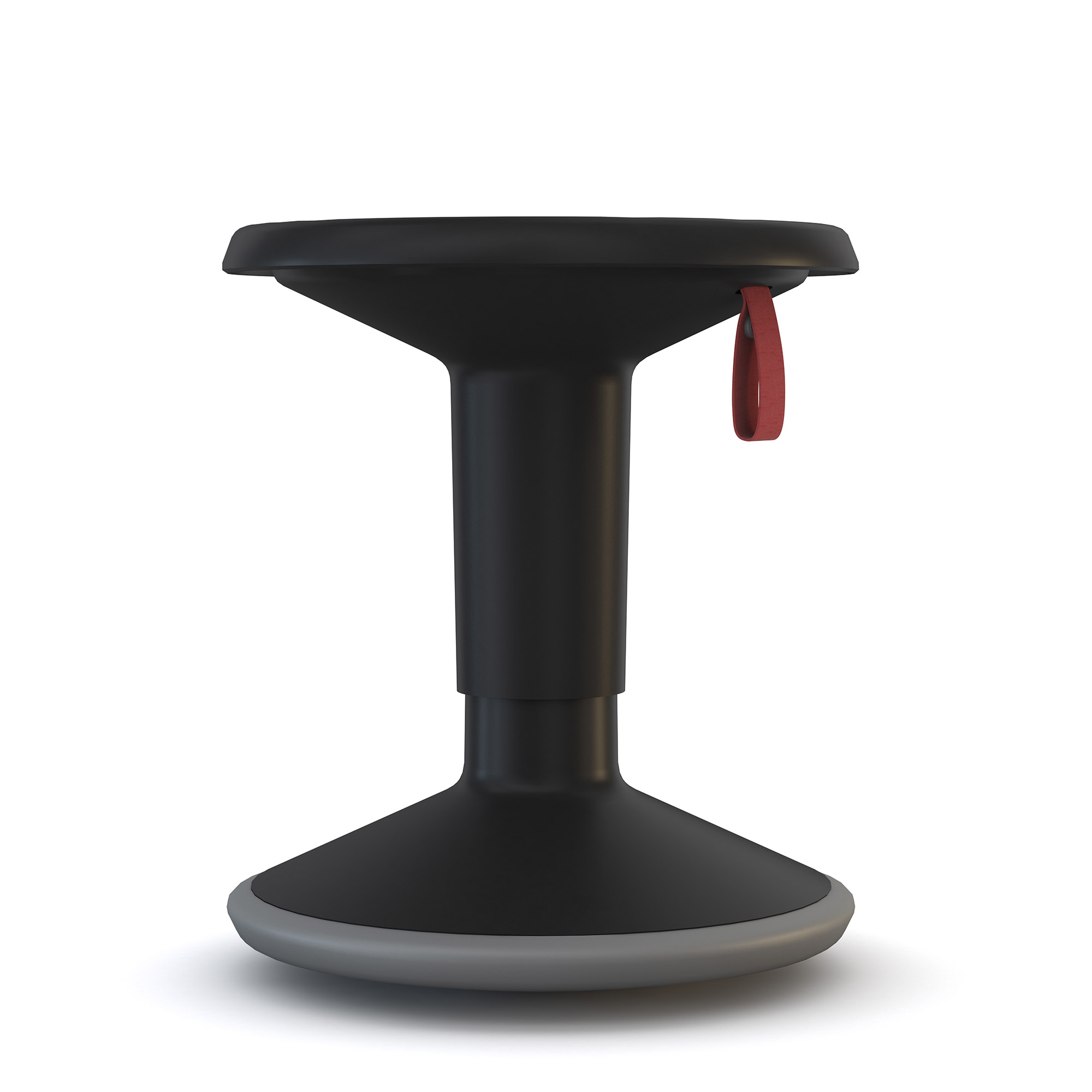 Schwarzer ergonomischer Hocker mit rotem Tragegriff und rutschfester Standfläche.