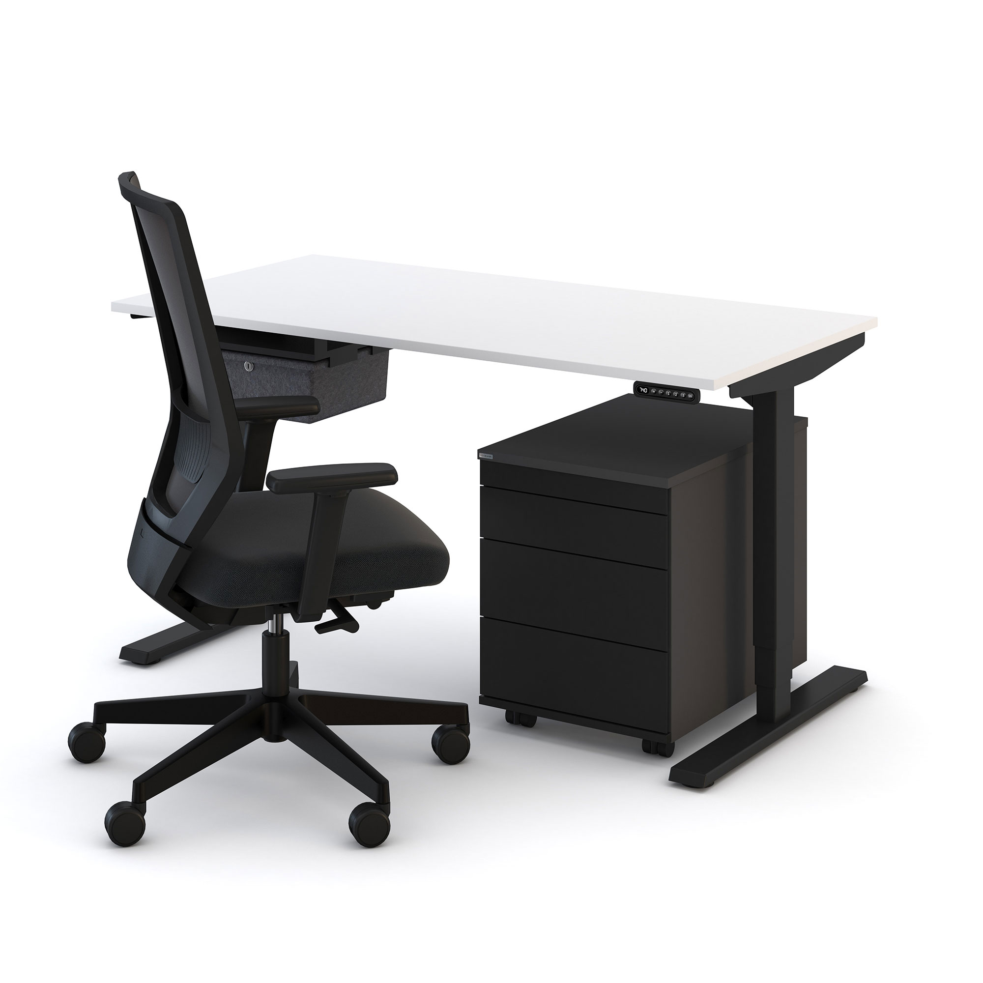 Höhenverstellbarer Schreibtisch mit weißer Platte, schwarzer Rollcontainer und ergonomischer schwarzer Bürostuhl mit Netzrückenlehne.