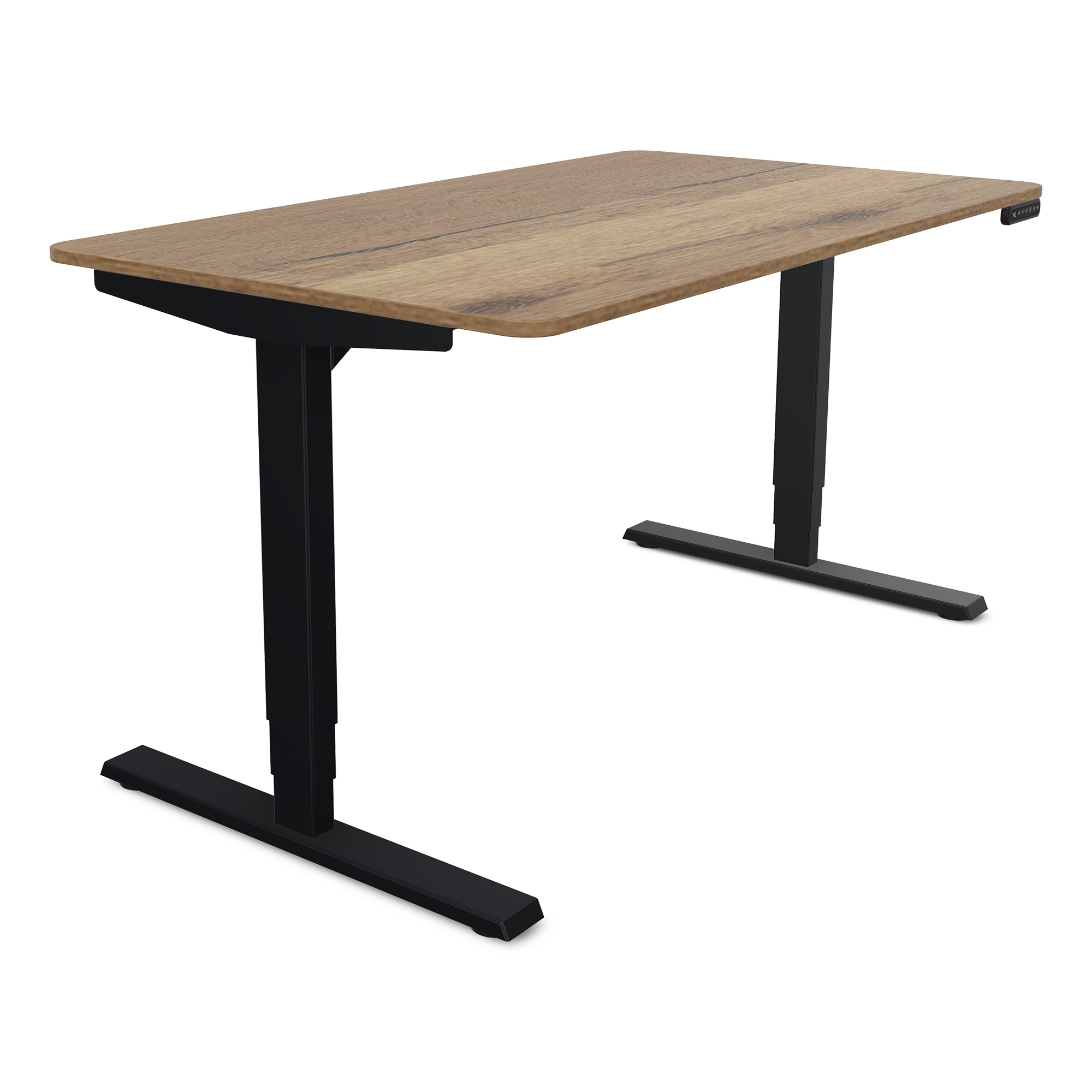 Ein moderner Schreibtisch mit einer Holzplatte und schwarzen Metallbeinen.