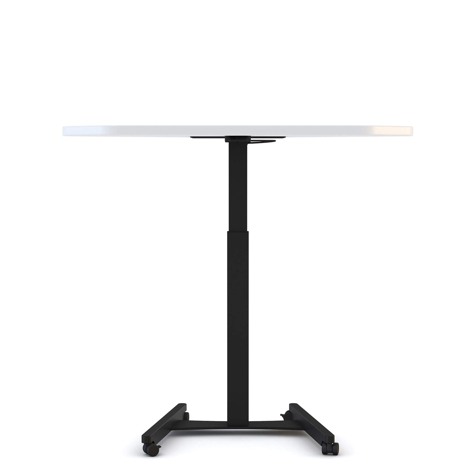 Höhenverstellbares Steh-Sitzpult Single Desk Ein höhenverstellbarer Tisch mit runder, weißer Tischplatte und schwarzem Gestell.