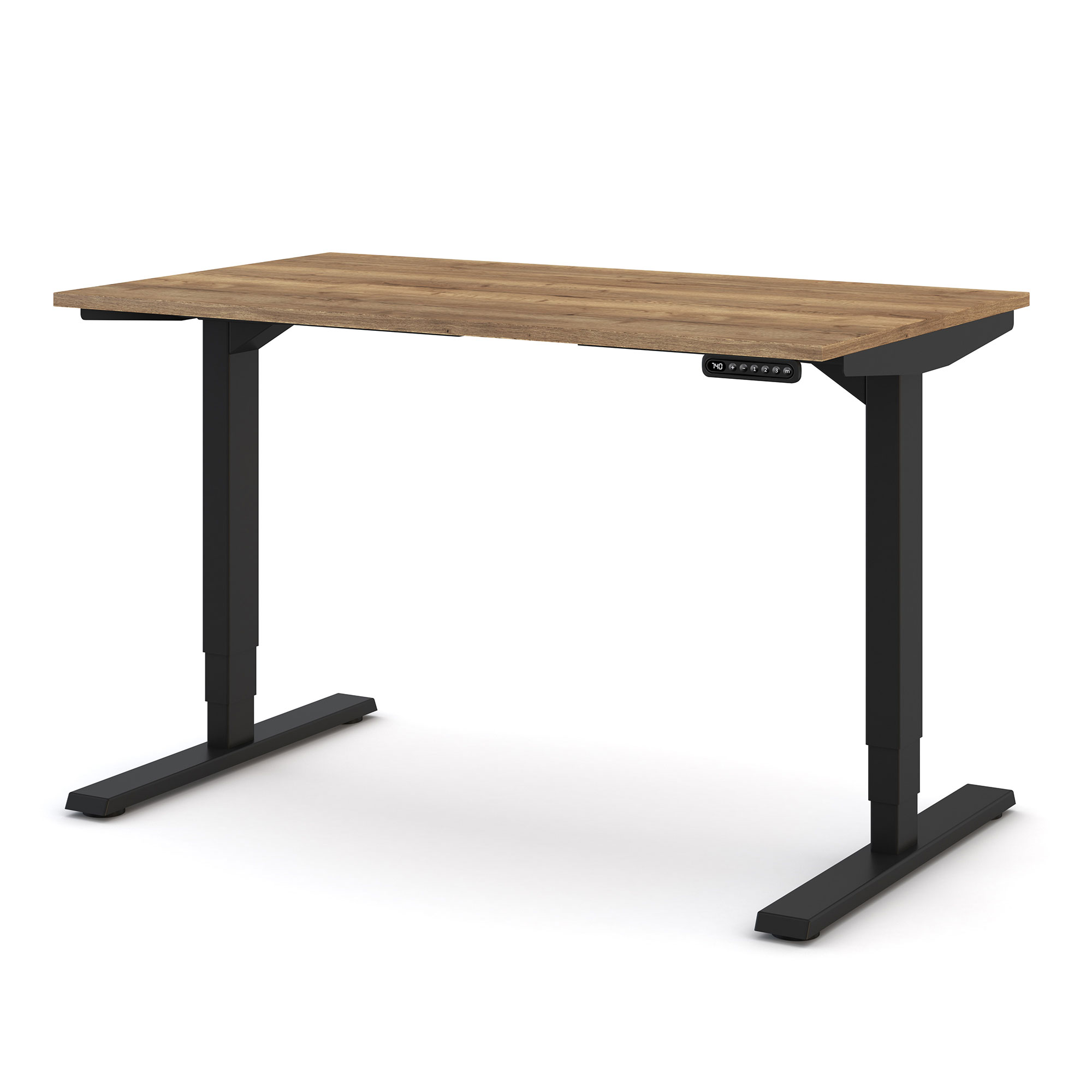 Elektrisch höhenverstellbarer Schreibtisch mit dunklem Holzdekor und schwarzem Gestell.