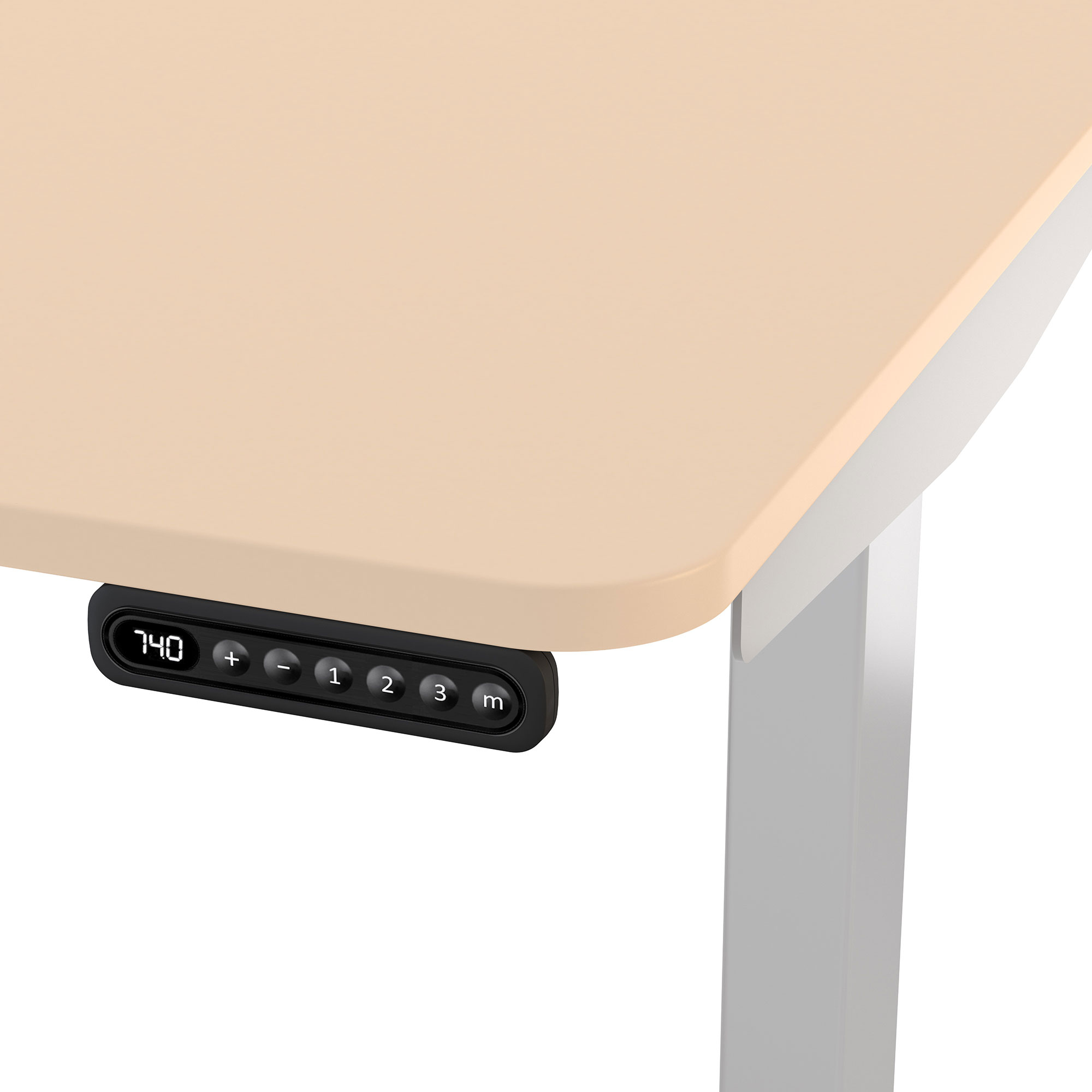 Ein Tisch mit einer hellen Oberfläche und einem digitalen Display mit Bedienelementen zur Höhenverstellung.