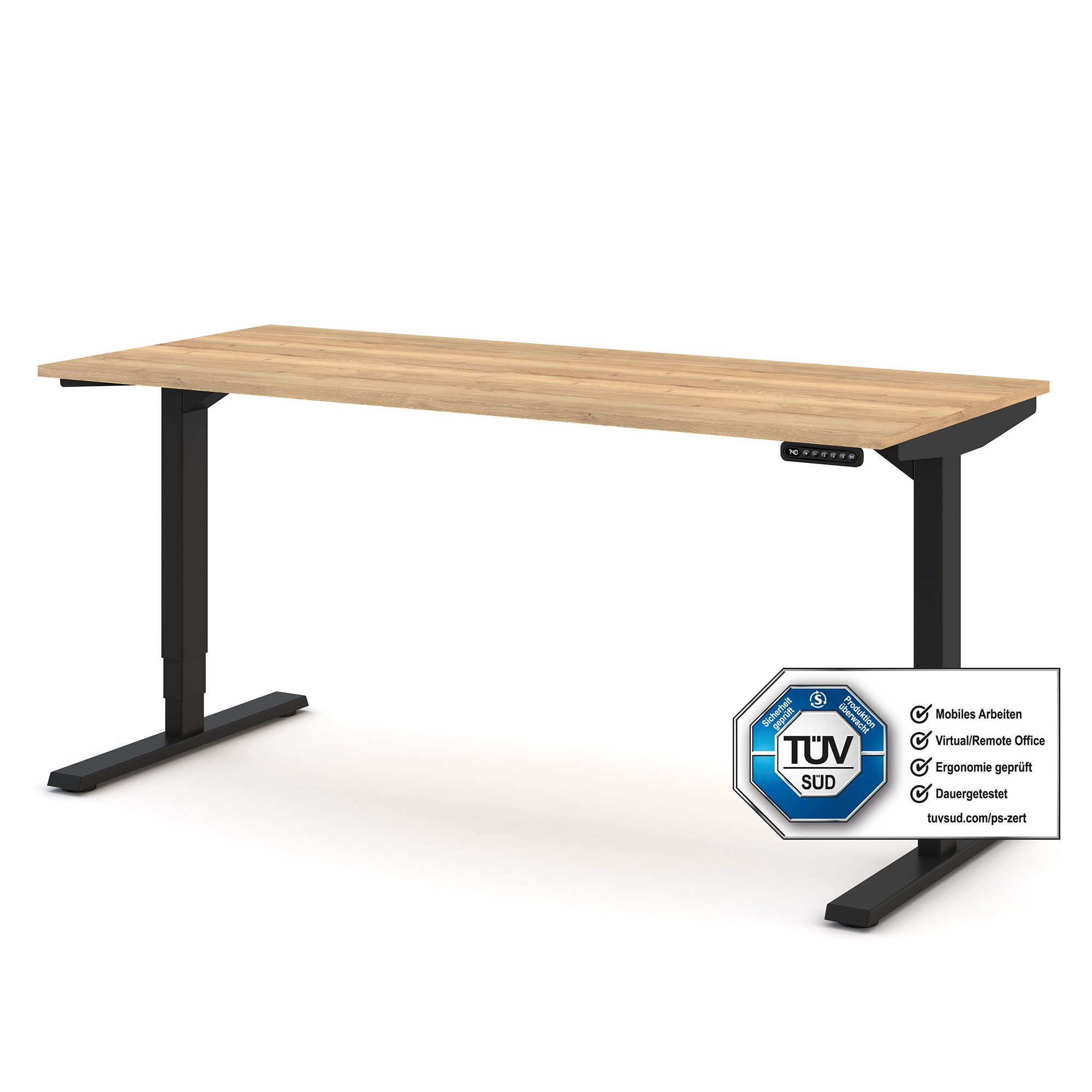 Ein erhöhbarer Schreibtisch mit Holzplatte und schwarzem Gestell, inklusive TÜV-Siegel.