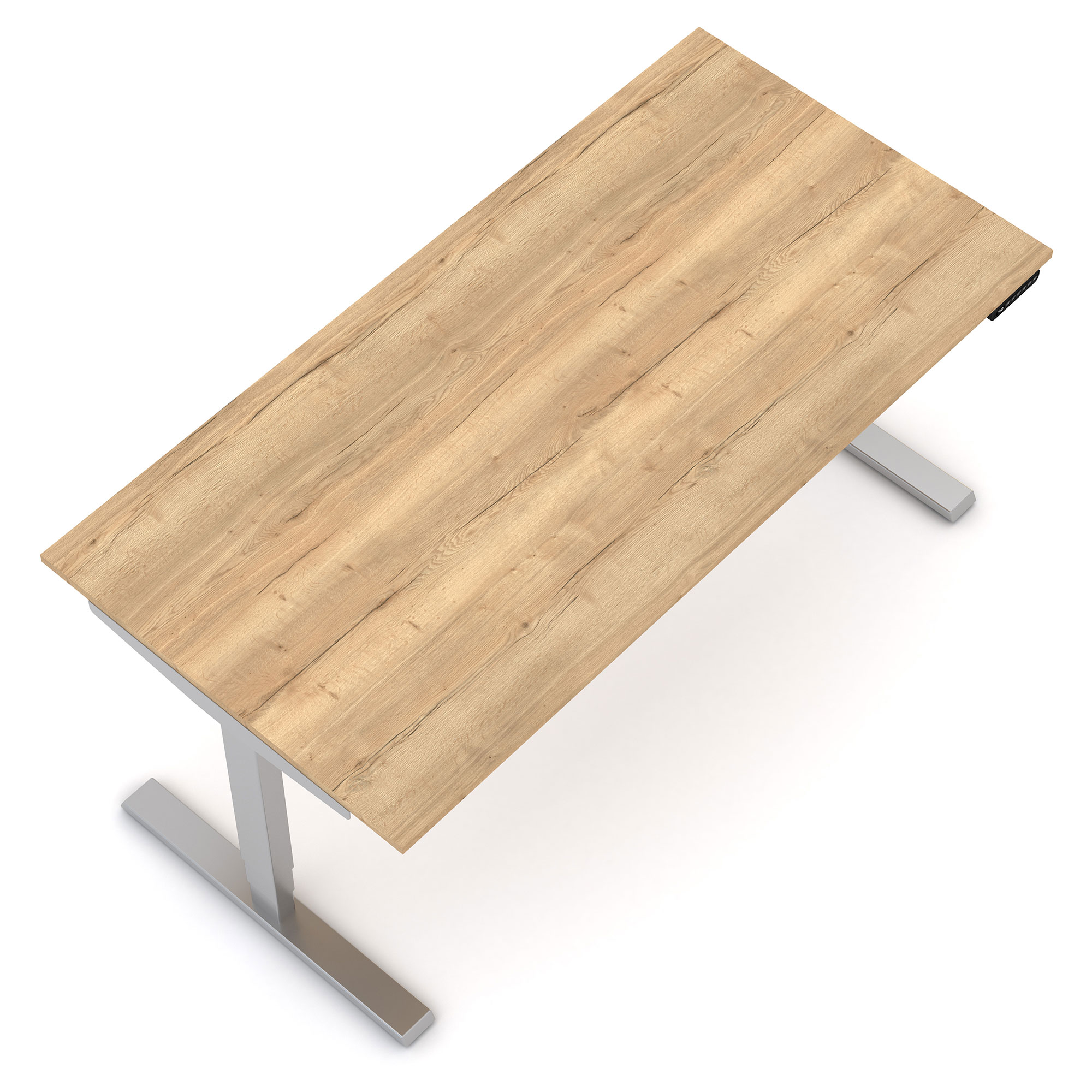 Schreibtischplatte mit Holzoptik aus der Vogelperspektive.