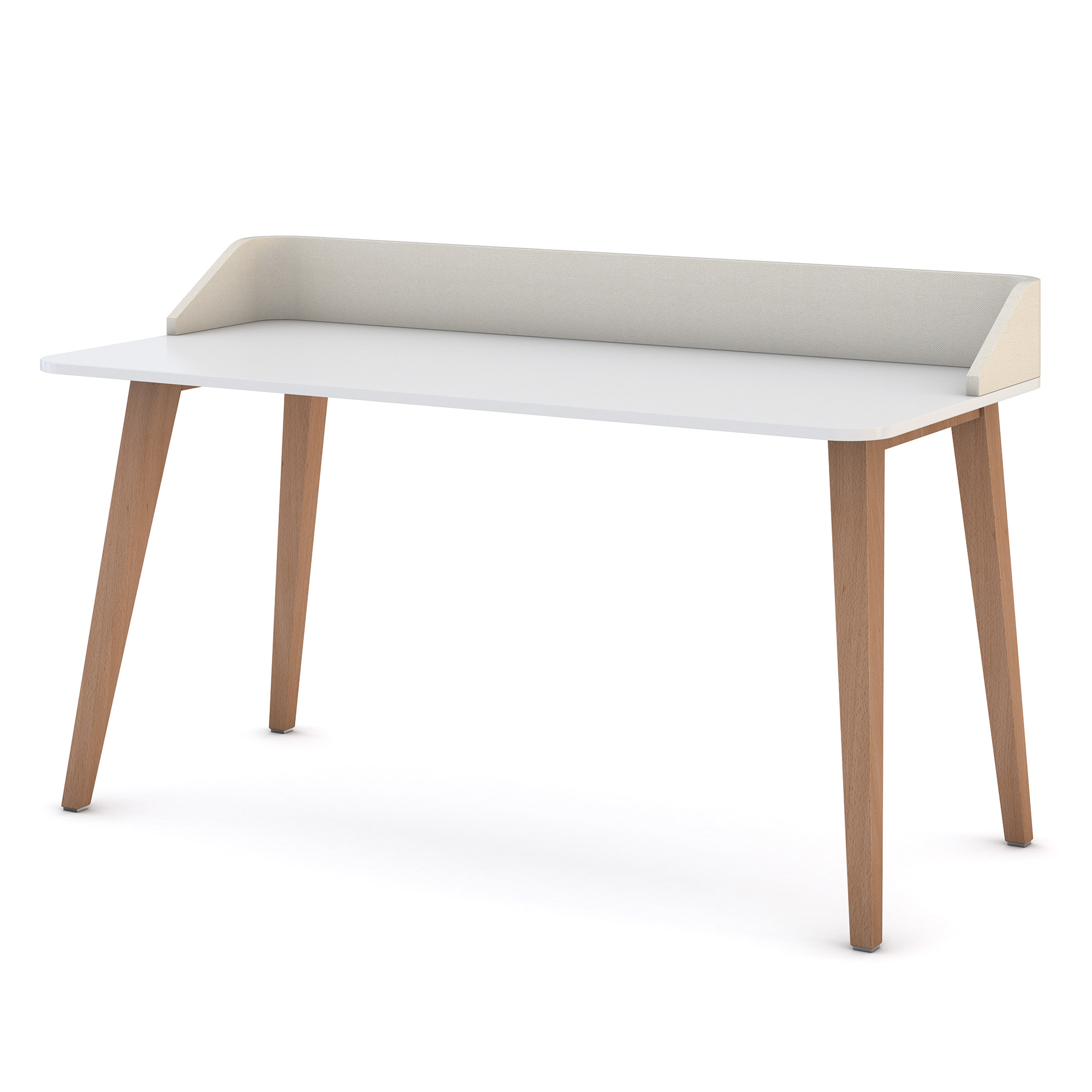 Sekretär Retaro Ein moderner Schreibtisch mit einem weißen Tischblatt und Holzbeinen, ausgestattet mit einer gepolsterten Rückwand.