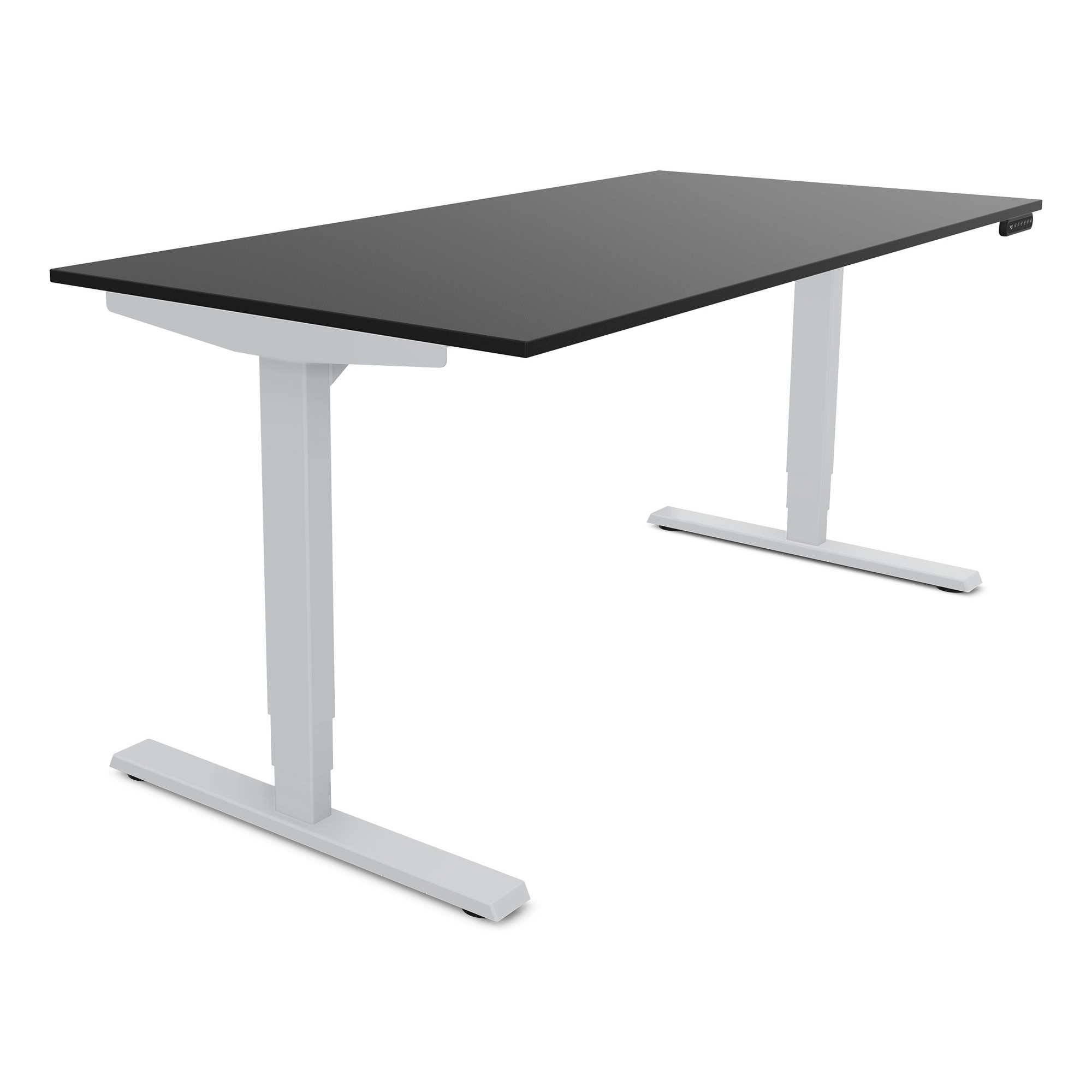 Elektrisch höhenverstellbarer Schreibtisch Y-Line Schreibtisch mit schwarzer Oberfläche und weißen Beinen.