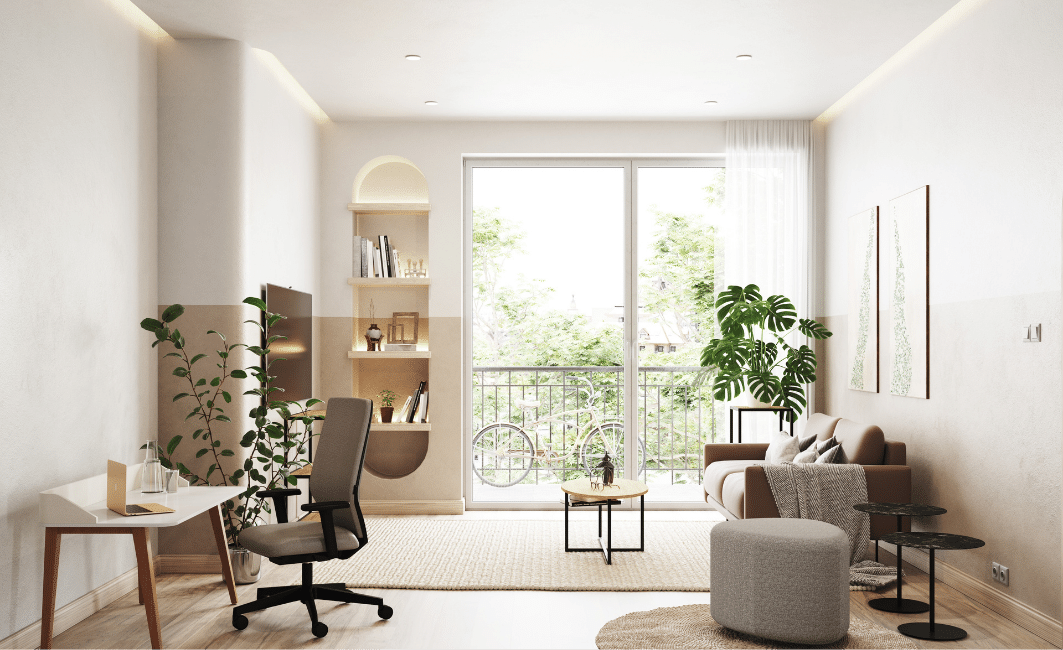 Helles Wohnzimmer mit Schreibtisch, ergonomischem Stuhl, Sofa und großen Zimmerpflanzen vor Balkon