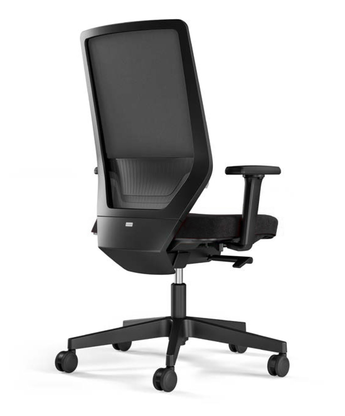 Schwarzer ergonomischer Bürostuhl mit Netzrückenlehne, verstellbaren Armlehnen und fünf Rollen