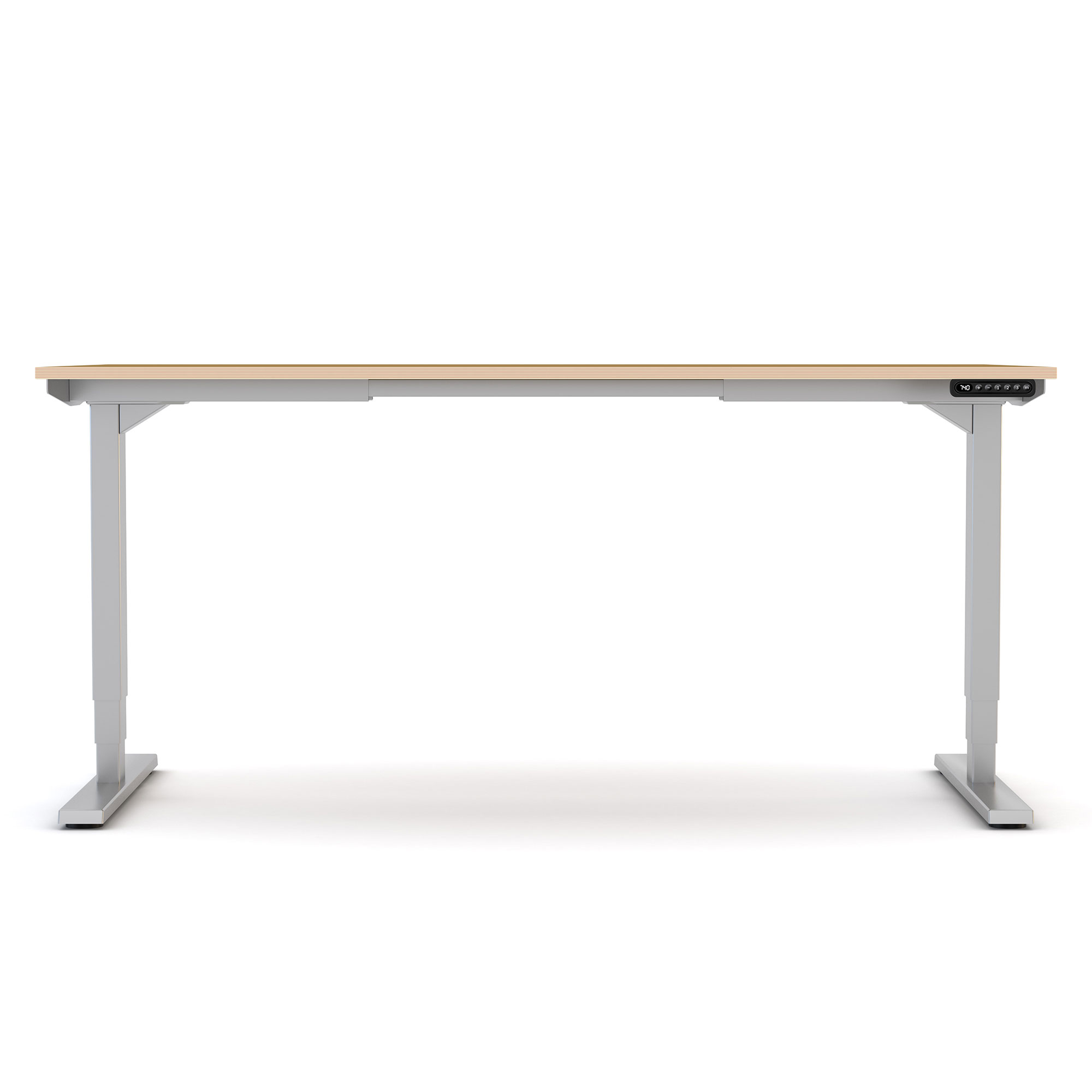 Höhenverstellbarer Schreibtisch mit hellem Holzplatte und grauen Metallbeinen, rechteckig, mit Steuerungstasten an der rechten Seite
