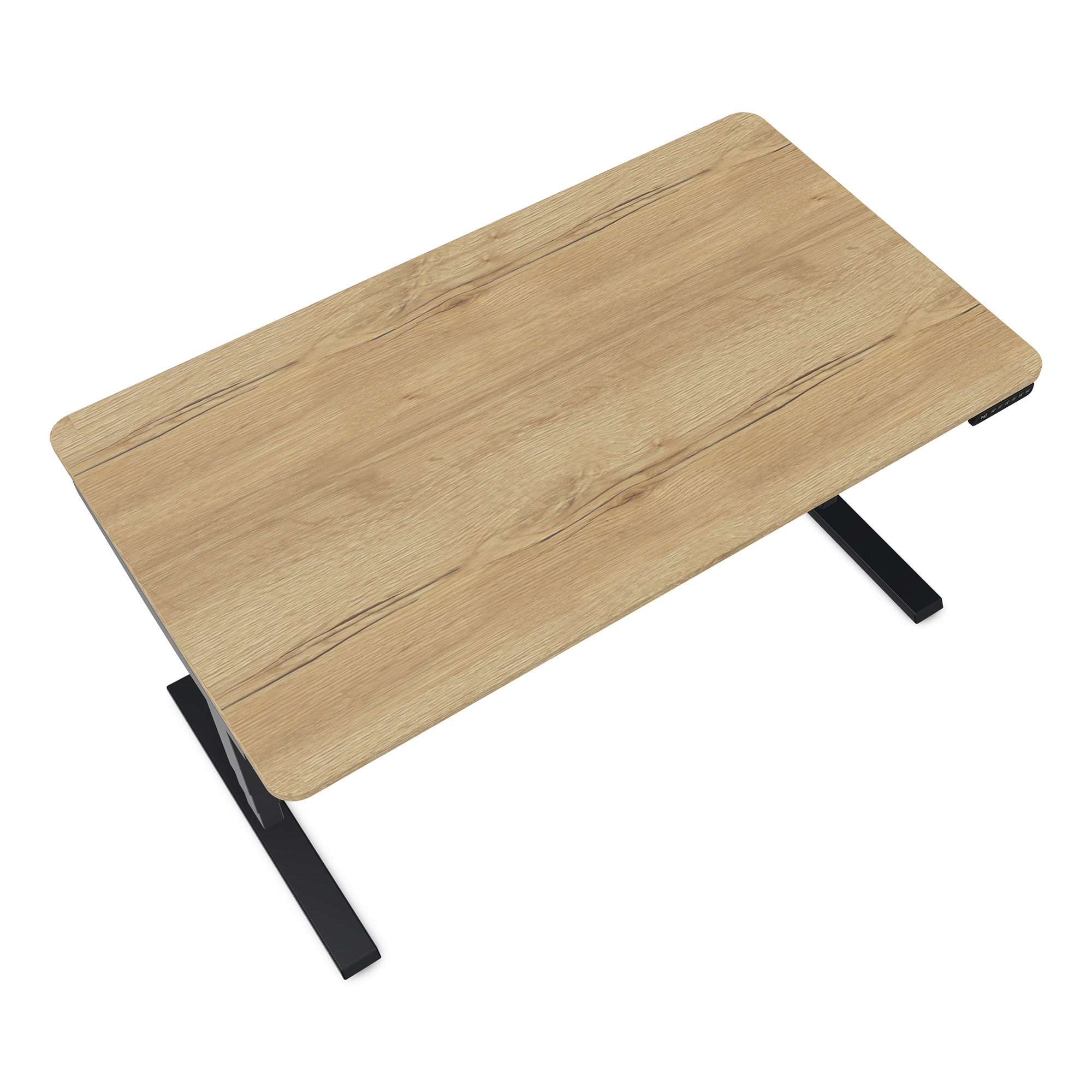 Ein moderner Schreibtisch mit einer Holzplatte und schwarzen Metallbeinen.