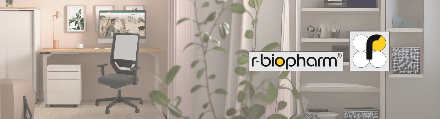 Modernes Homeoffice mit ergonomischem Stuhl, Schreibtisch und r-biopharm Logo im Fokus