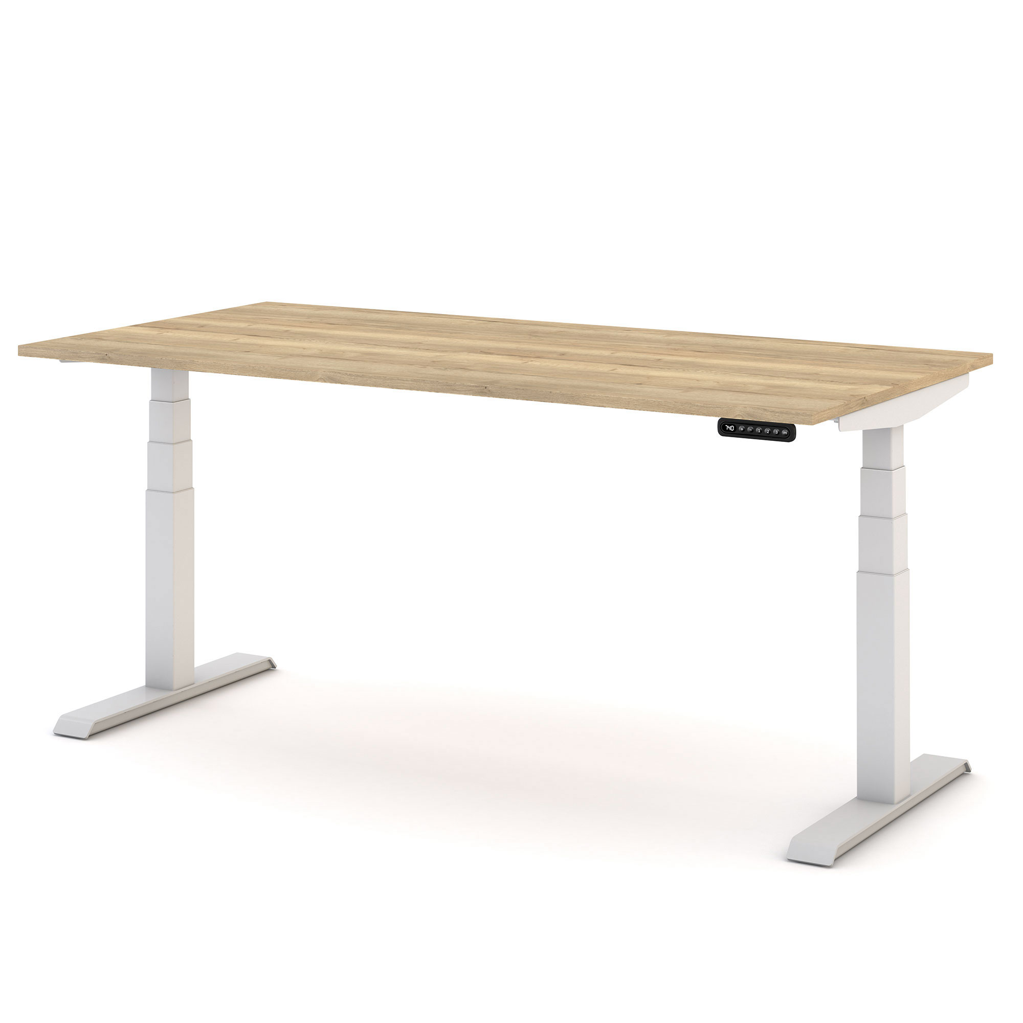 Elektrisch höhenverstellbarer Schreibtisch mit heller Holzplatte und weißem Gestell