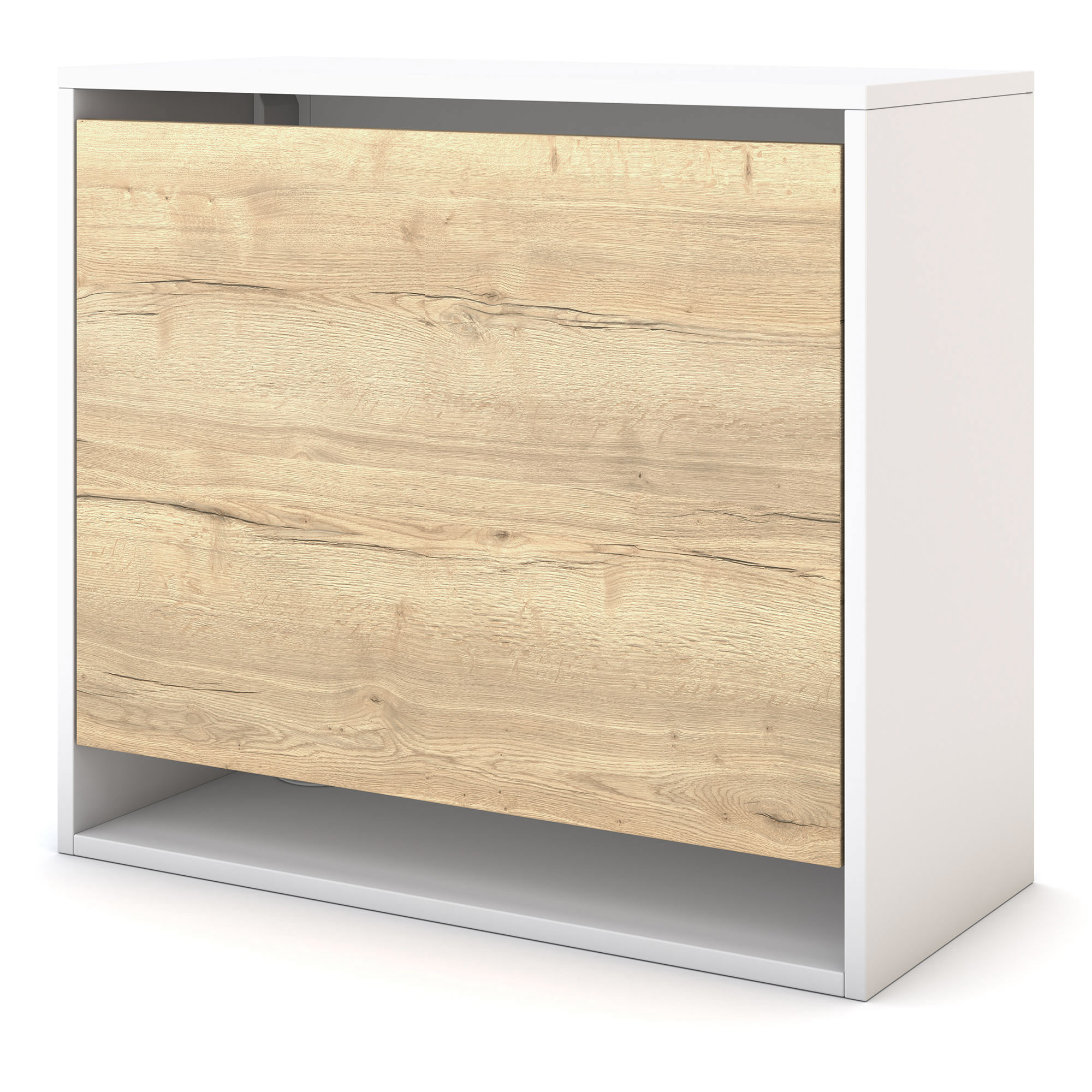 Wandsekretär Cubas Premium Ein moderner Schrank mit einer Holzoptik-Tür und weißen Seiten.