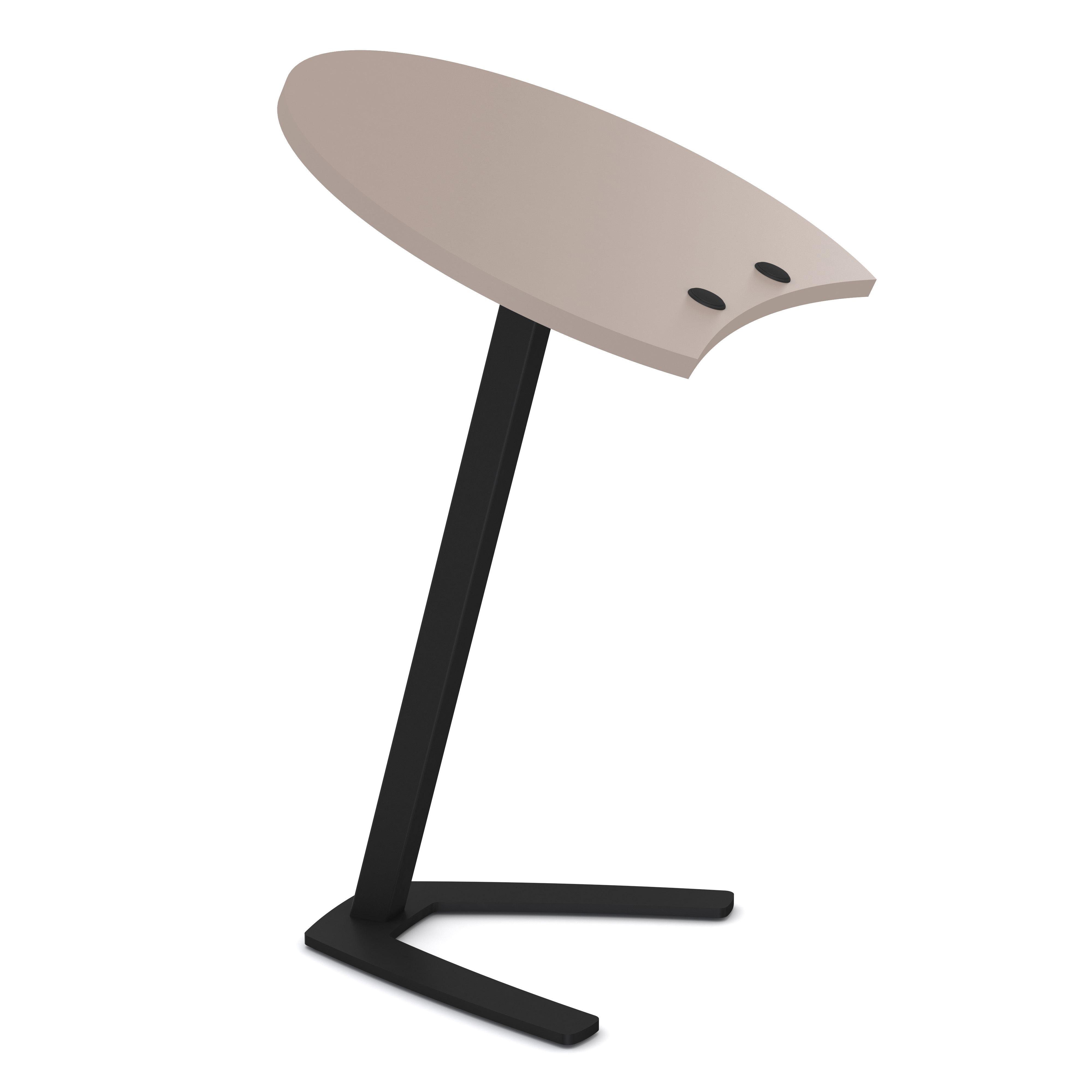 Schräg stehender Design-Stehtisch mit abgerundeter beige Tischplatte und schwarzem Metallgestell.