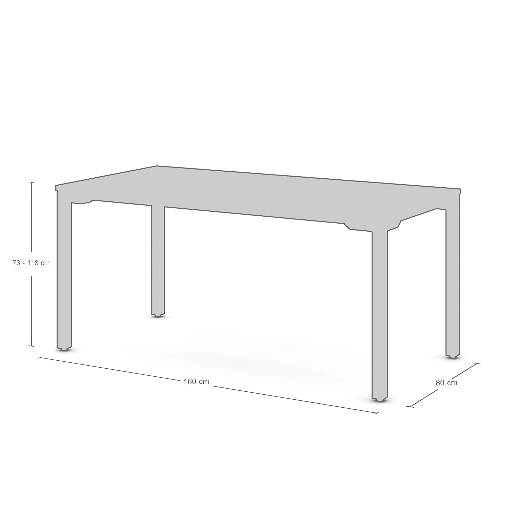 Eine graue Zeichnung eines Tisches mit den Maßen 160 cm Länge, 80 cm Breite und einer Höhe von 73 - 118 cm.