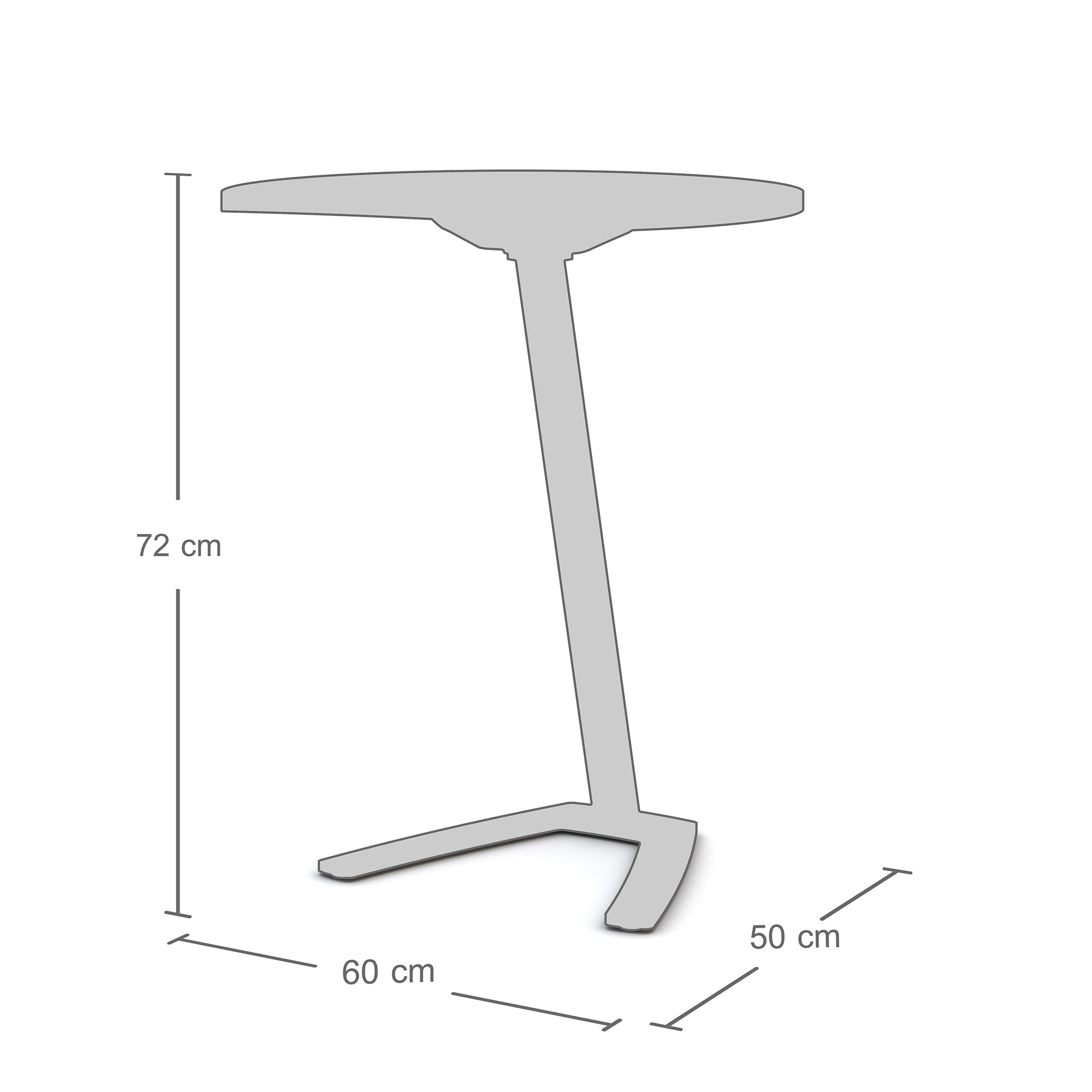 Zusammenfassung eines Tischdesigns mit den Maßen: Höhe 72 cm, Durchmesser 60 cm, Fußabstand 50 cm.