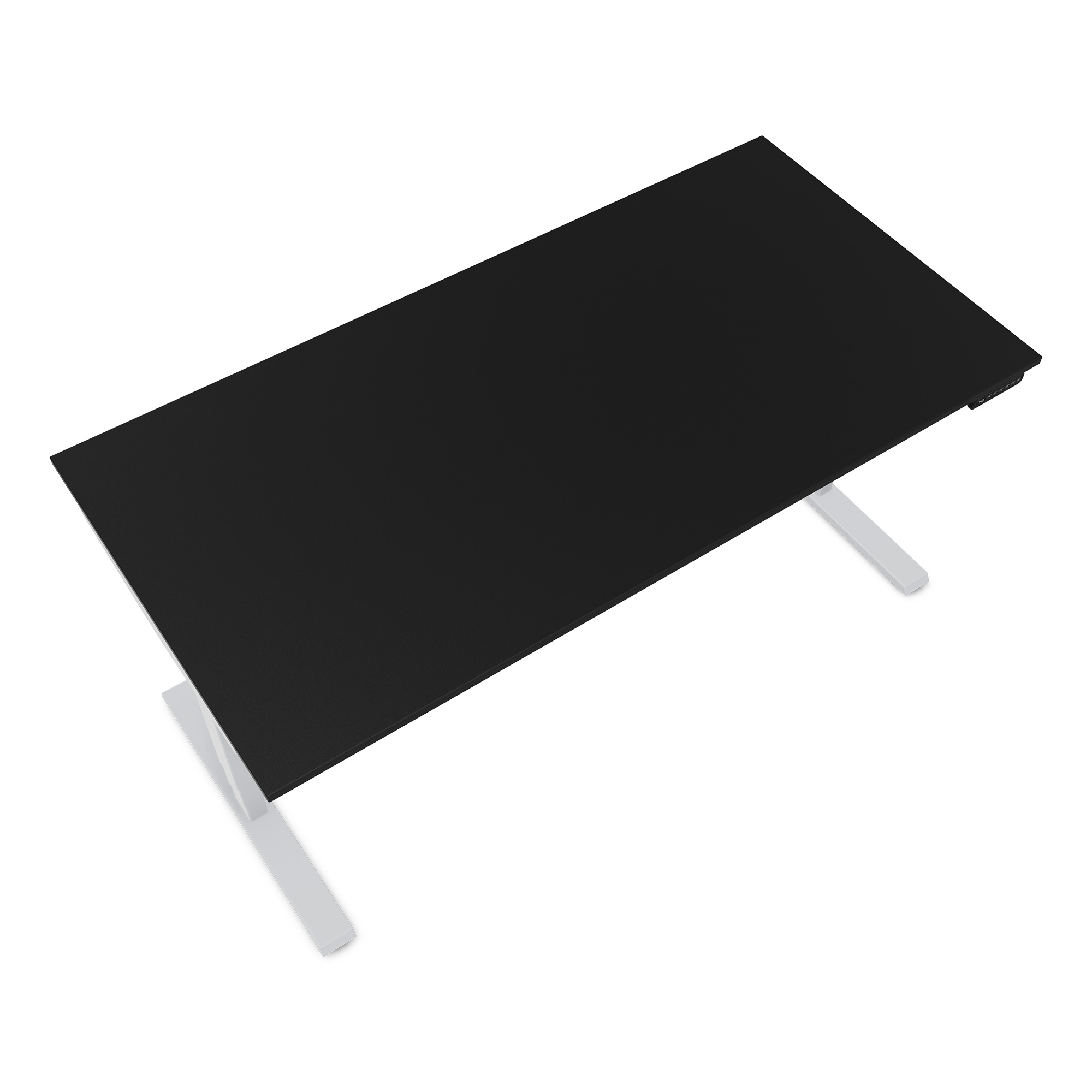 Schreibtisch mit schwarzer Oberfläche und weißen Beinen.