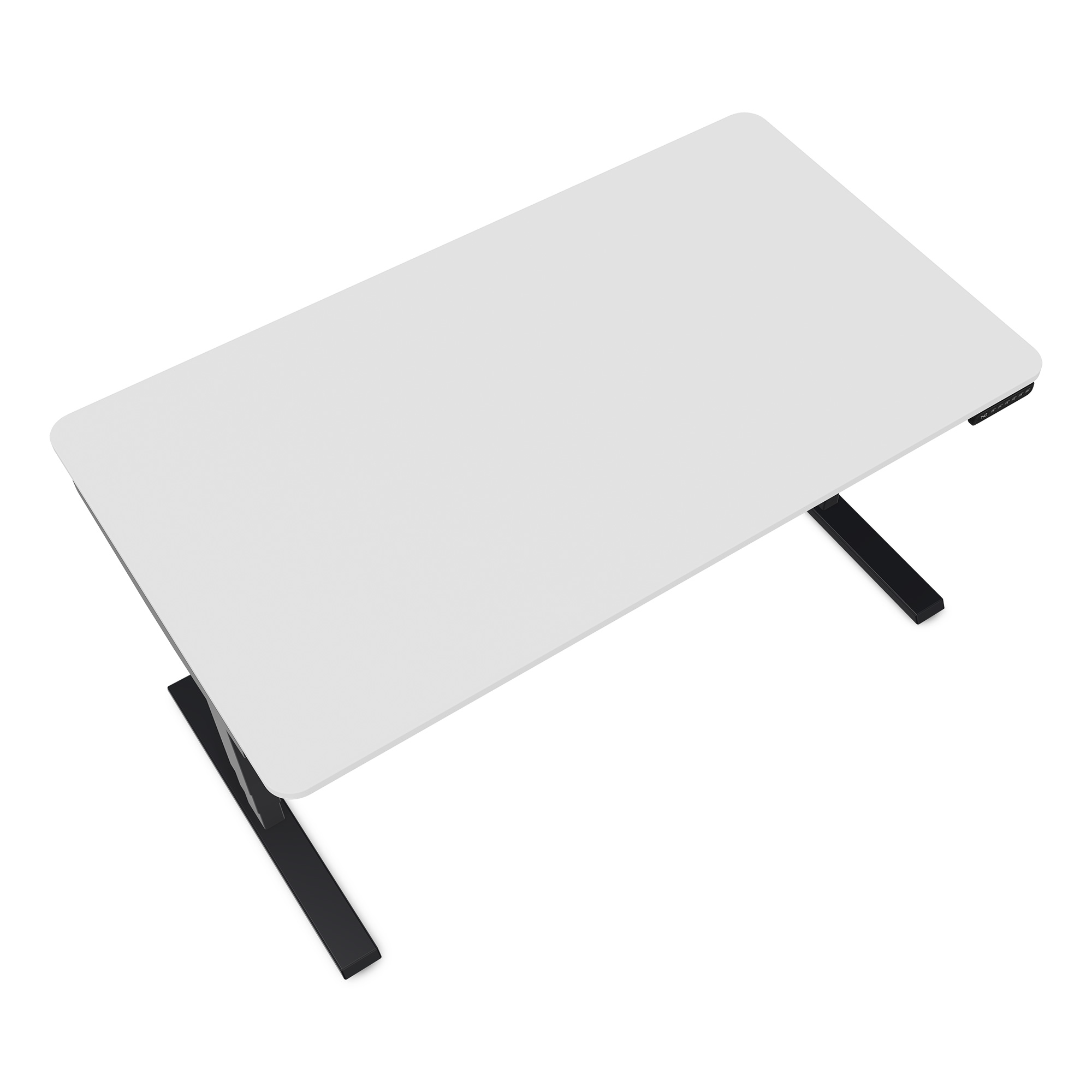 Ein höhenverstellbarer Schreibtisch mit einer weißen Tischplatte und schwarzen Füßen.