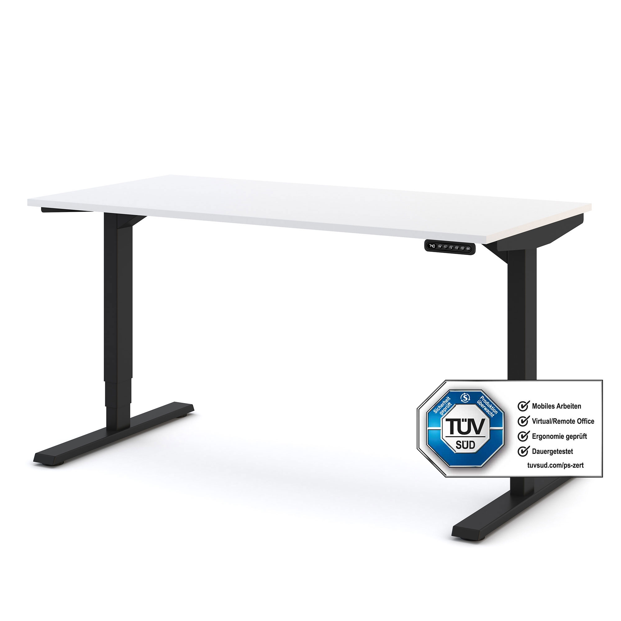 Ein ergonomischer Schreibtisch mit einer weißen Tischplatte und schwarzen Beinen, ausgestattet mit einem Höhenverstellmechanismus und einem TÜV-Siegel.