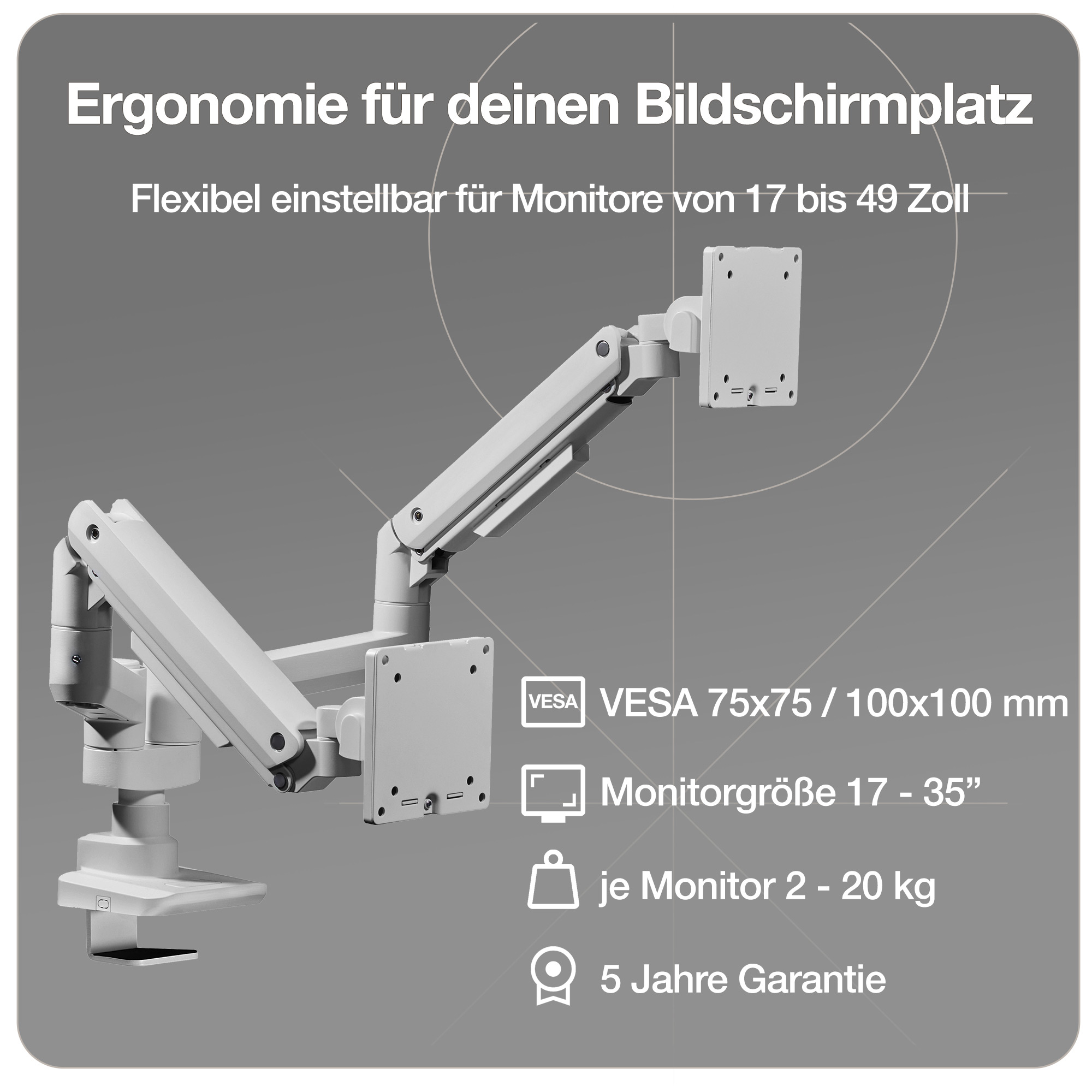 Doppel-Monitorarm in weißaluminium mit Gasfeder für 2 Monitore 17–35 Zoll bis je 20kg