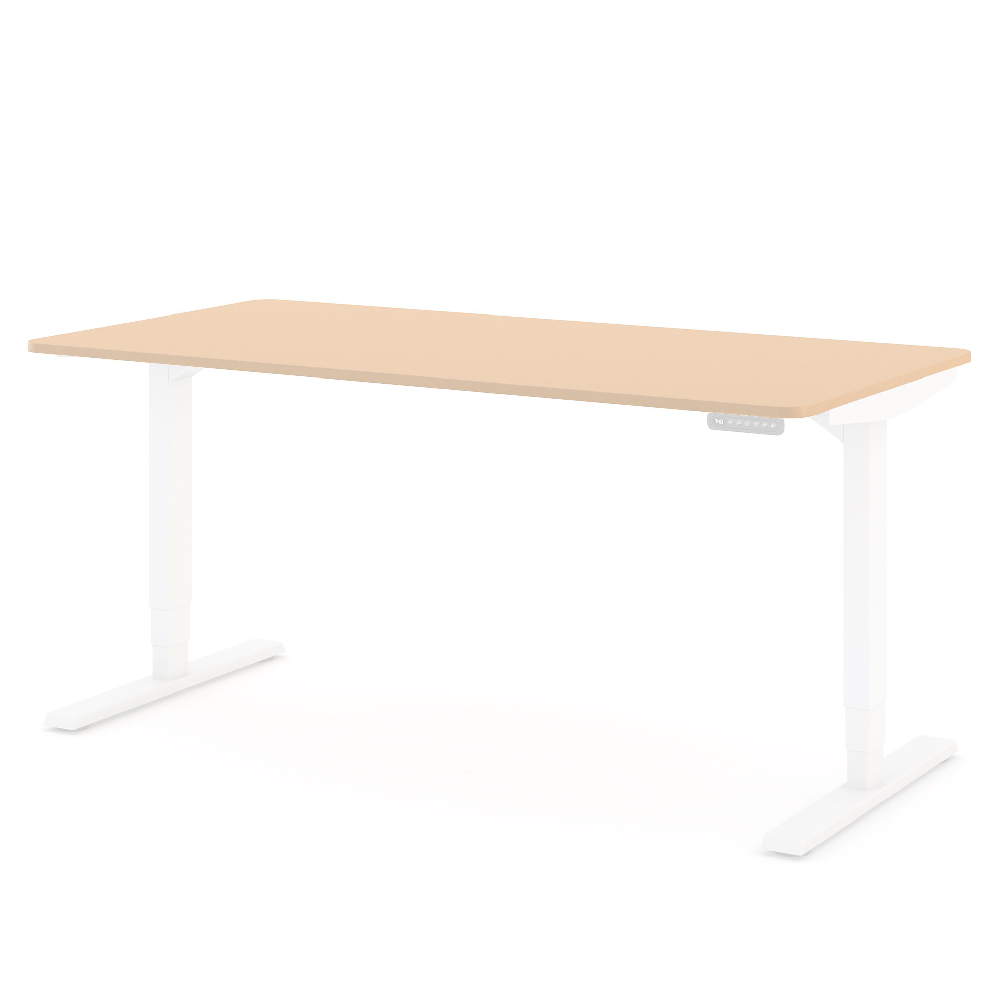 Höhenverstellbarer Schreibtisch mit abgerundeter Platte in hellem Beige auf weißem Gestell