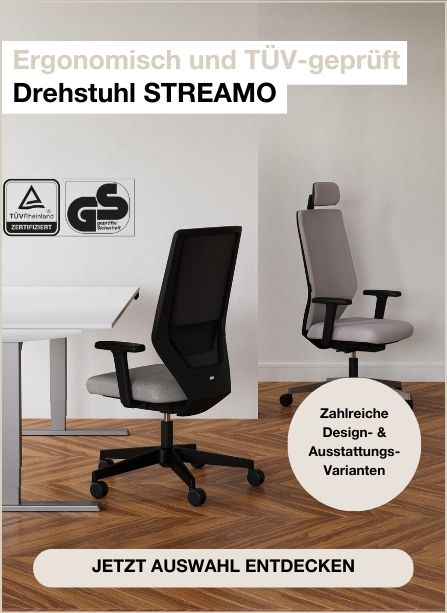 Ergonomischer und TÜV-geprüfter Drehstuhl STREAMO, zwei Stühle in einem modernen Raum, mit Informationen über Designvarianten.