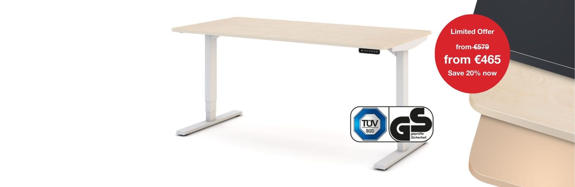 Ein Stehtisch mit helfer Holzplatte und weißen Metallbeinen, beworben mit einem Rabattangebot.