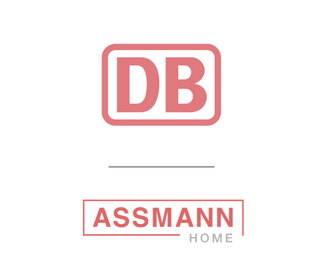 DB x ASSMANN HOME Logo der Deutschen Bahn (DB) oben und darunter das Logo von ASSMANN HOME.
