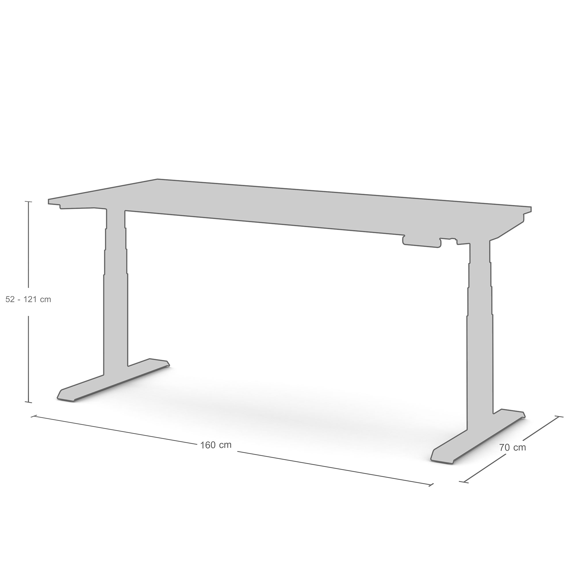 Ein höhenverstellbarer Schreibtisch mit den Maßen 160 cm x 70 cm, höhenverstellbar von 52 cm bis 121 cm.