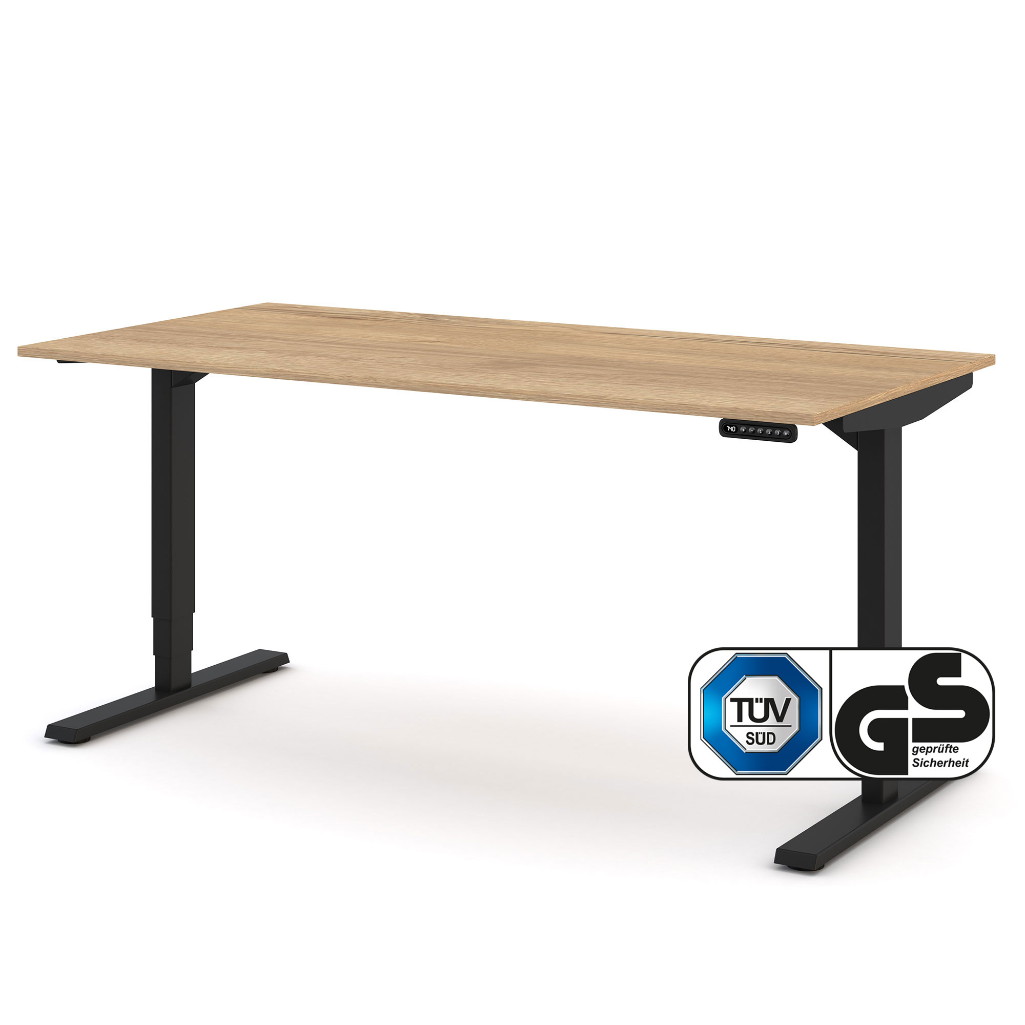 Elektrisch höhenverstellbarer Schreibtisch Y-Line Ein höhenverstellbarer Schreibtisch mit einer Holztischplatte und schwarzen Metallbeinen.