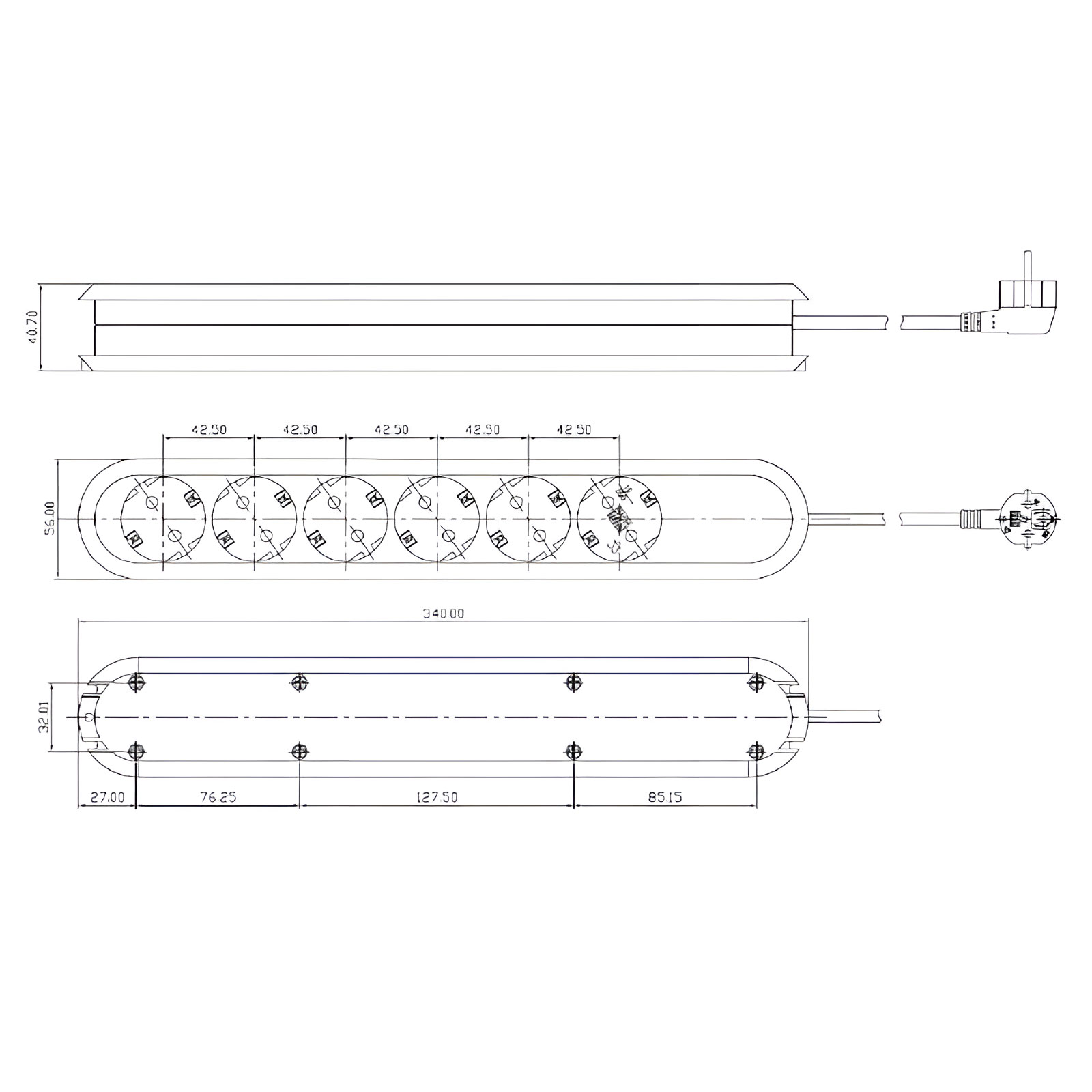 Technische Zeichnung einer 6-fach Steckdosenleiste mit Maßangaben und Draufsicht