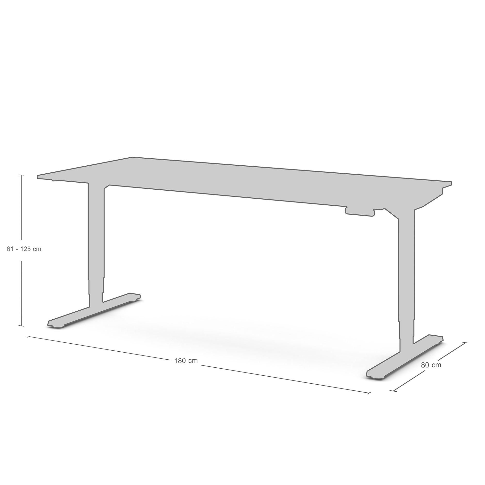 Technische Zeichnung eines elektrisch höhenverstellbaren ASSMANN-Schreibtischs Modell ‚Y-Line‘. Rechteckige Tischplatte mit 180 cm Breite und 80 cm Tiefe. Höhenverstellbereich etwa 61 cm bis 125 cm. Graue Darstellung mit Maßlinien und Pfeilen.