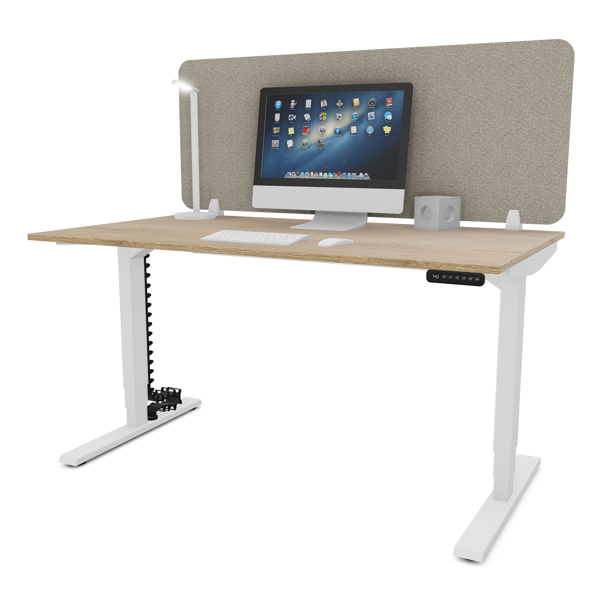 Elektrisch höhenverstellbarer Schreibtisch mit weißem Gestell, Holzplatte und Sichtschutz für ergonomisches Arbeiten