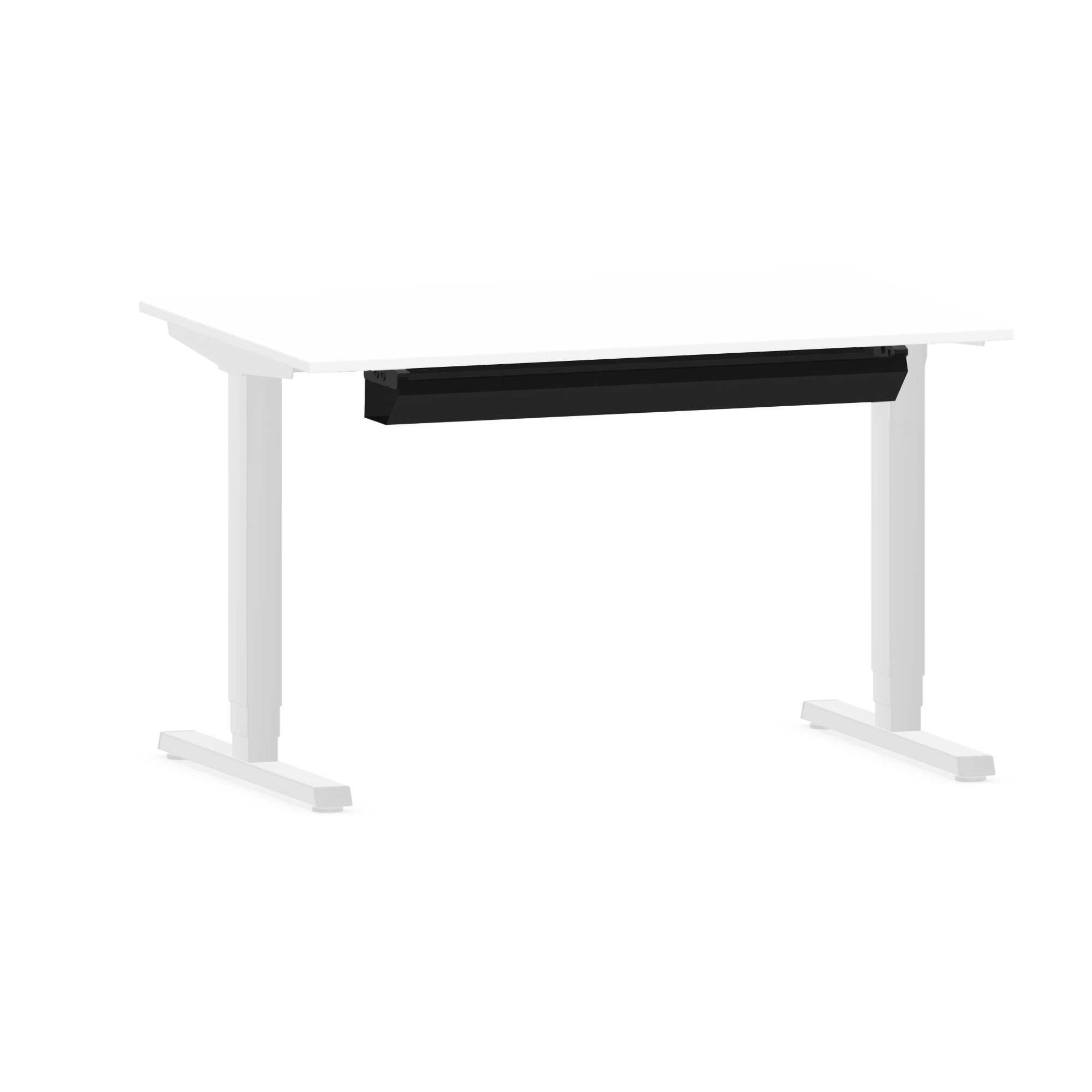 Schwarzer Kabelkanal unter einem weißen höhenverstellbaren Schreibtisch montiert.