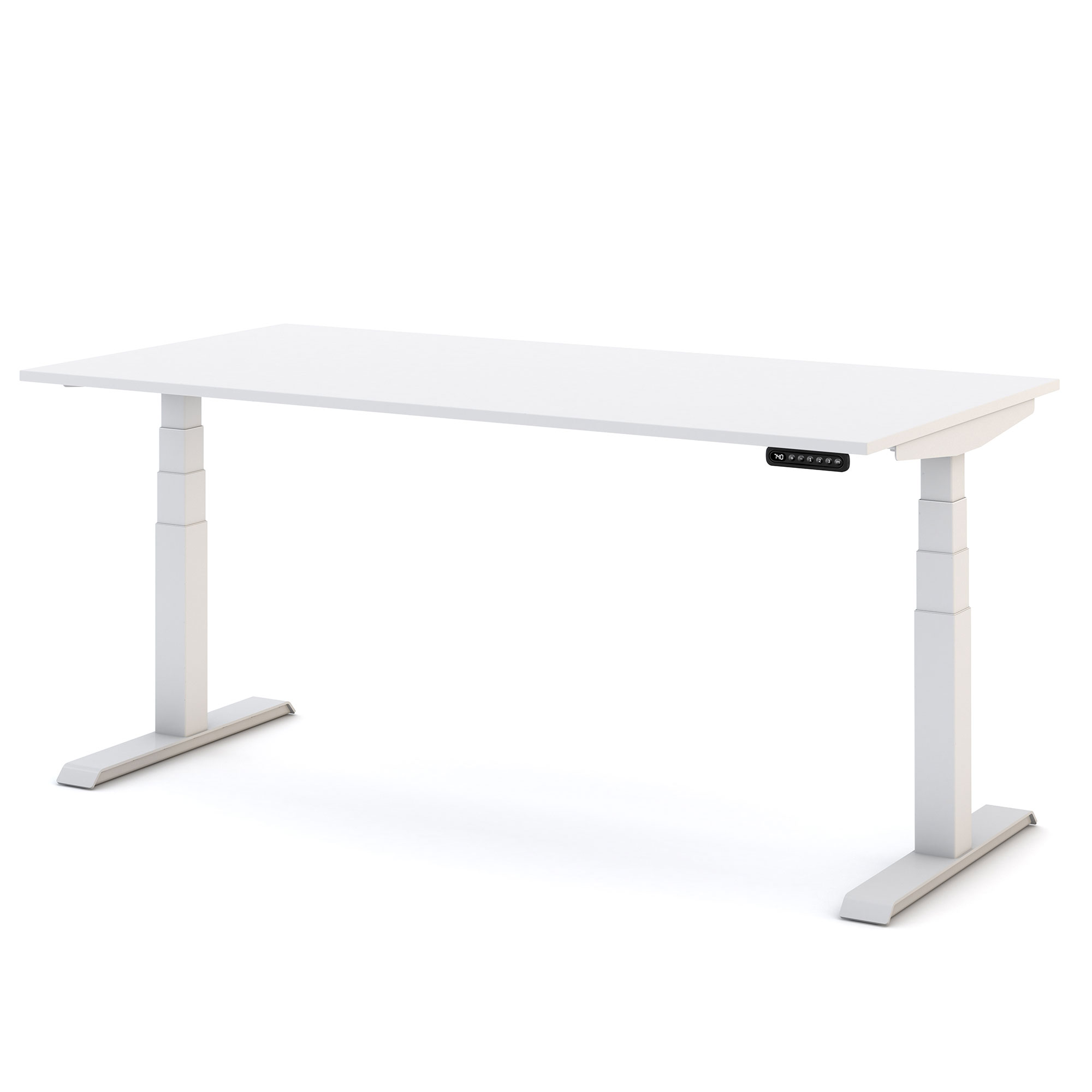 Höhenverstellbarer Schreibtisch in komplett weißem Design mit Bedienelement