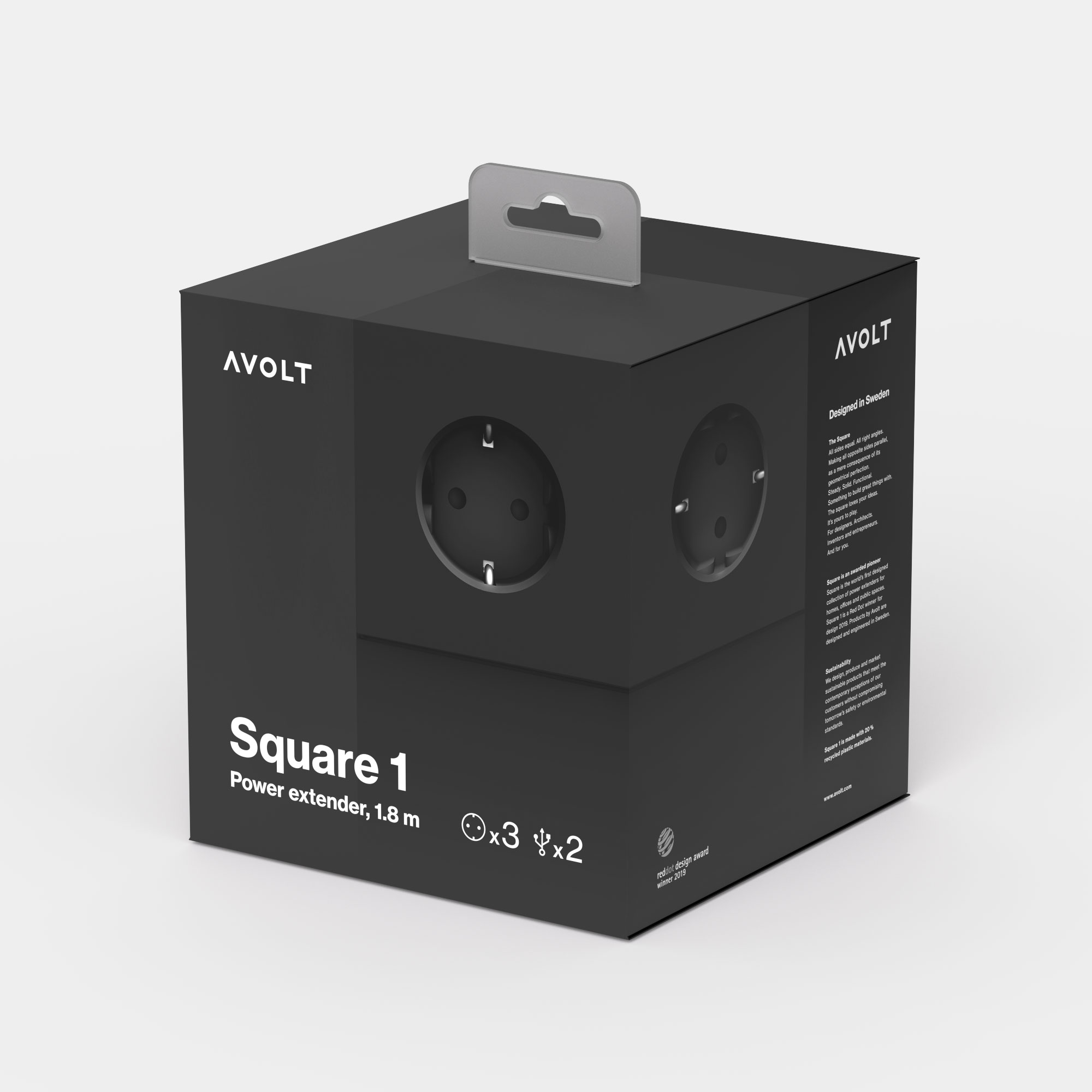 Verpackung der AVOLT Square 1 Steckdosenleiste – Power Extender mit 1,8 m Kabellänge, 3 Steckplätzen und 2 USB-Anschlüssen, schwarz