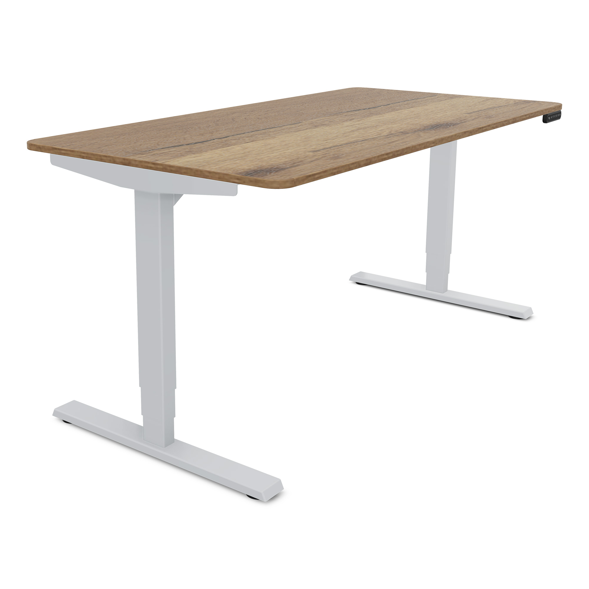 Ein moderner Schreibtisch mit einer Holzoberfläche und weißen Metallbeinen.