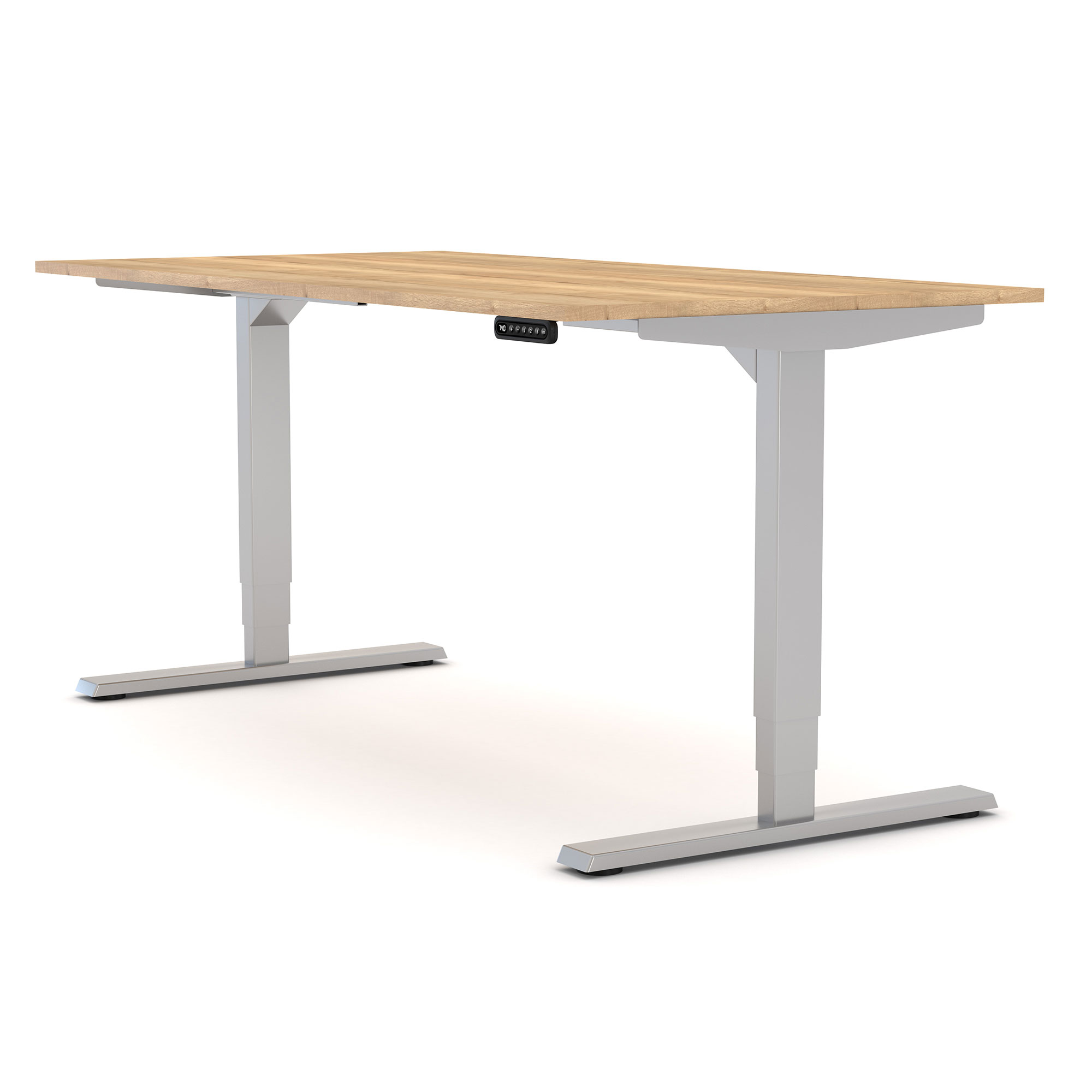 Ein höhenverstellbarer Schreibtisch mit einer Holzplatte und silbernen Metallbeinen.