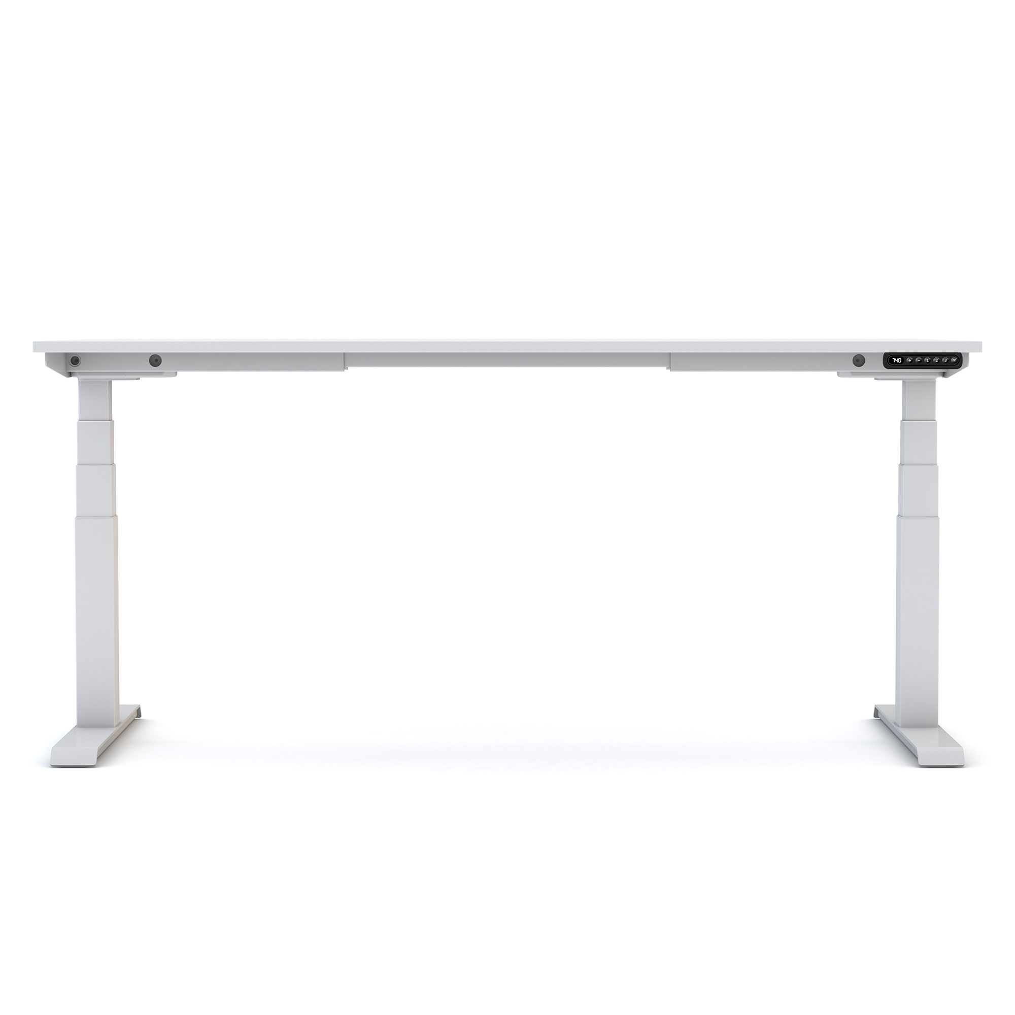 Ein höhenverstellbarer Schreibtisch in Weiß.