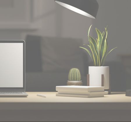 Ein Schreibtisch mit einem Laptop, zwei Pflanzen, einem Stapel Bücher und einem Stift. Eine Lampe leuchtet über dem Tisch.