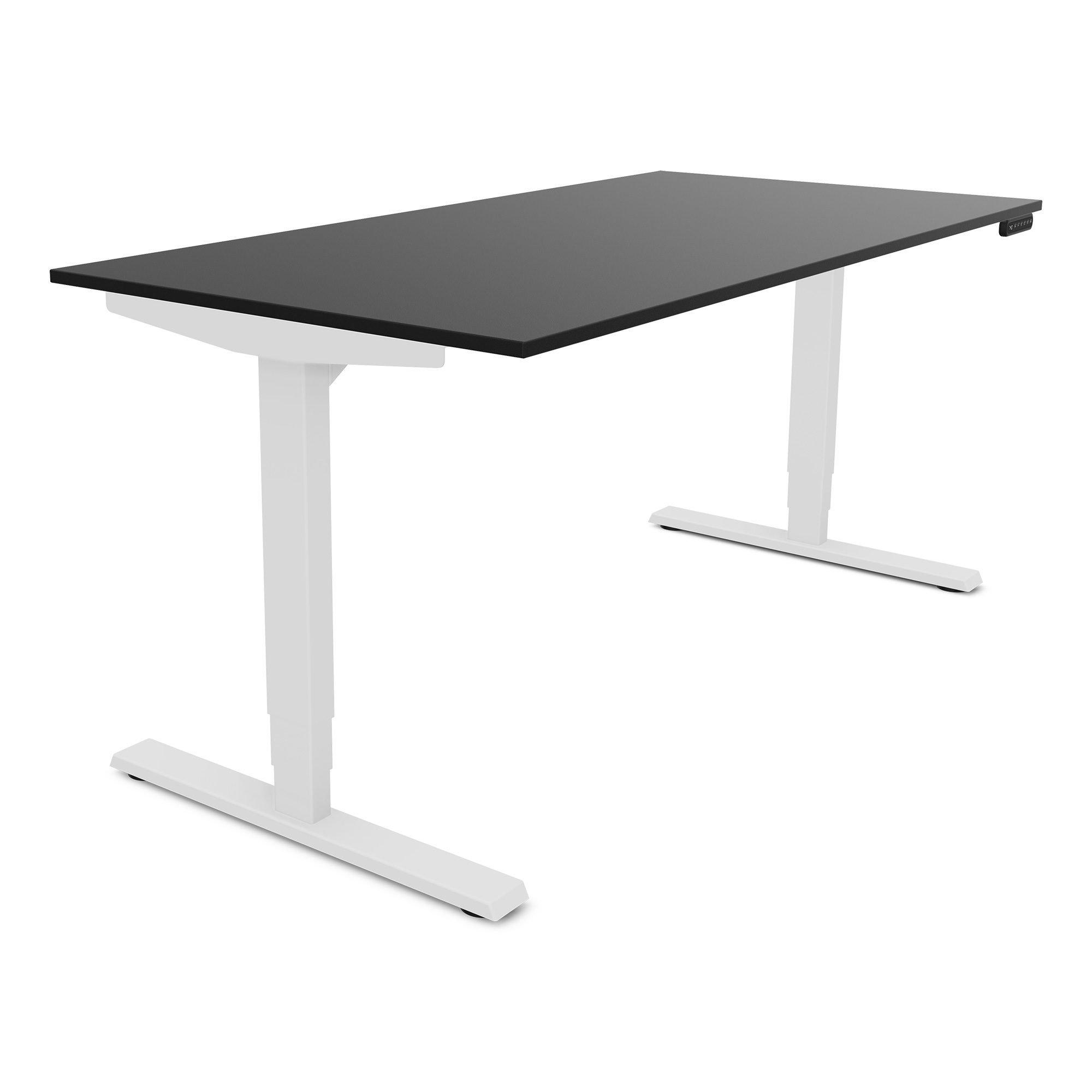 Elektrisch höhenverstellbarer Schreibtisch Y-Line Ein höhenverstellbarer Schreibtisch mit schwarzer Tischplatte und weißen Beinen.