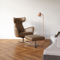 Sessel, Sofas & Hocker Brauner Relaxsessel mit Hocker und Stehleuchte in modernem Wohnzimmer