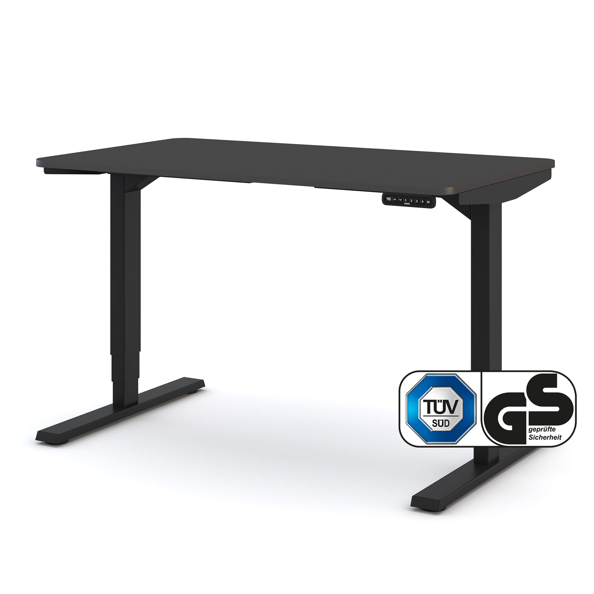 Elektrisch höhenverstellbarer Schreibtisch mit schwarzer Tischplatte und schwarzem Gestell – TÜV- und GS-zertifiziert für ergonomisches Arbeiten im Home-Office oder Büro