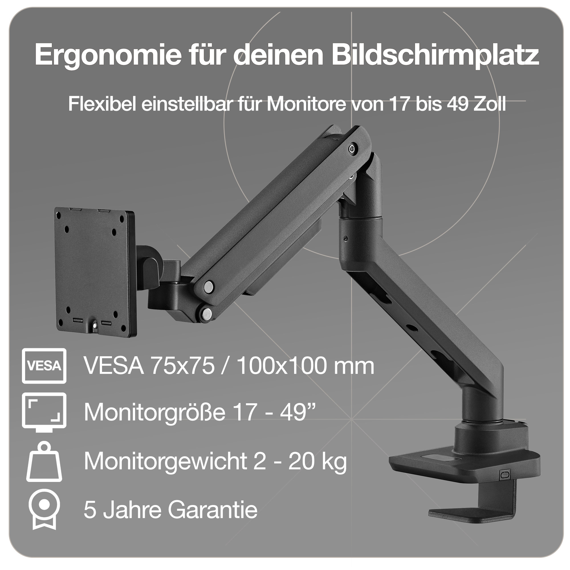 Monitorarm in schwarz mit Gasfeder für 17–49 Zoll Monitore bis 20kg