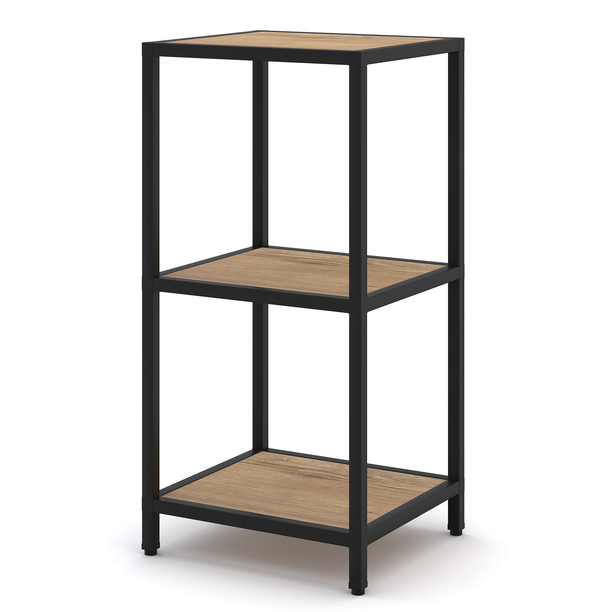 Regal Cubas Ein schwarzes Regal mit drei Ablageflächen aus Holz.
