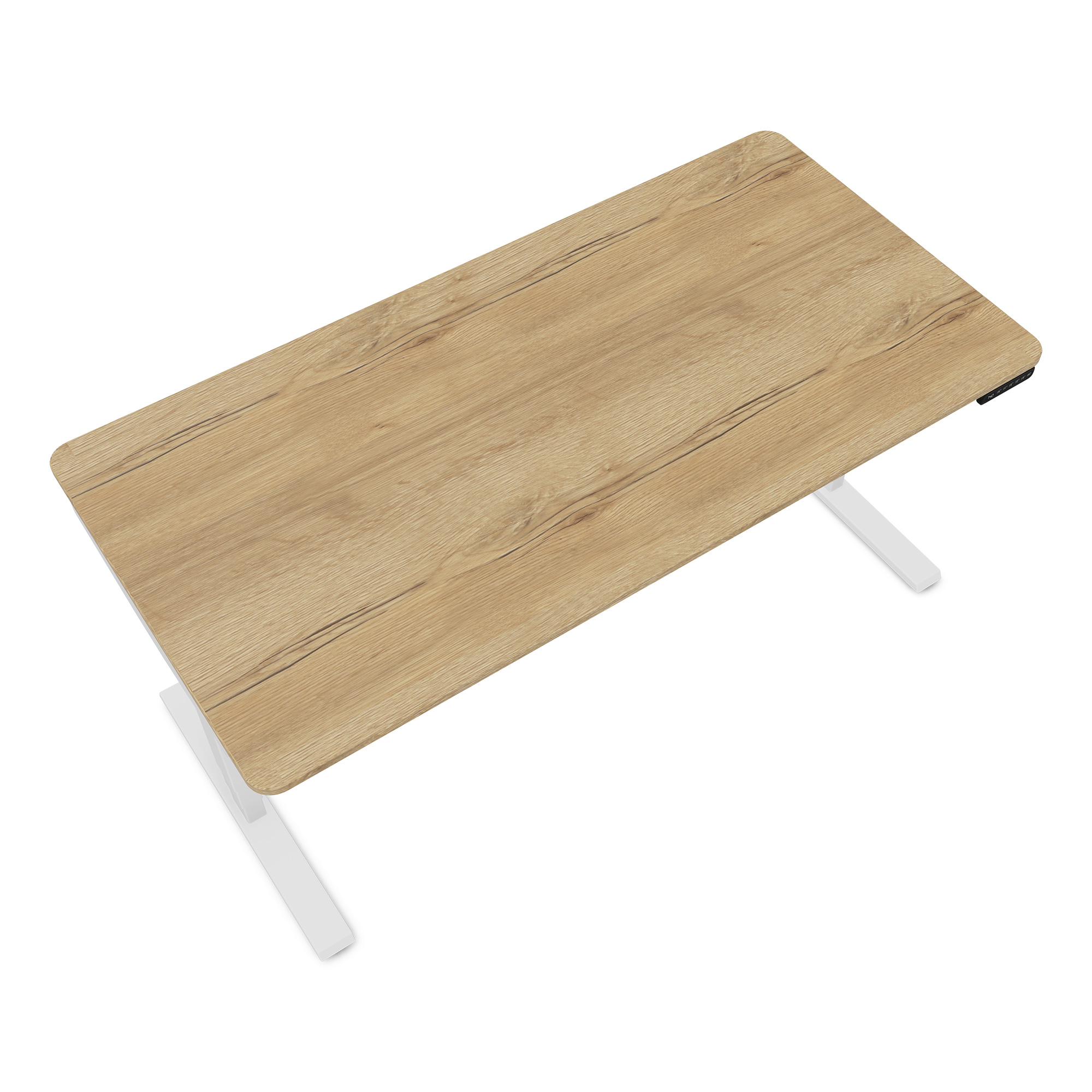 Ein höhenverstellbarer Tisch mit einer Holzplatte und weißen Beinen.