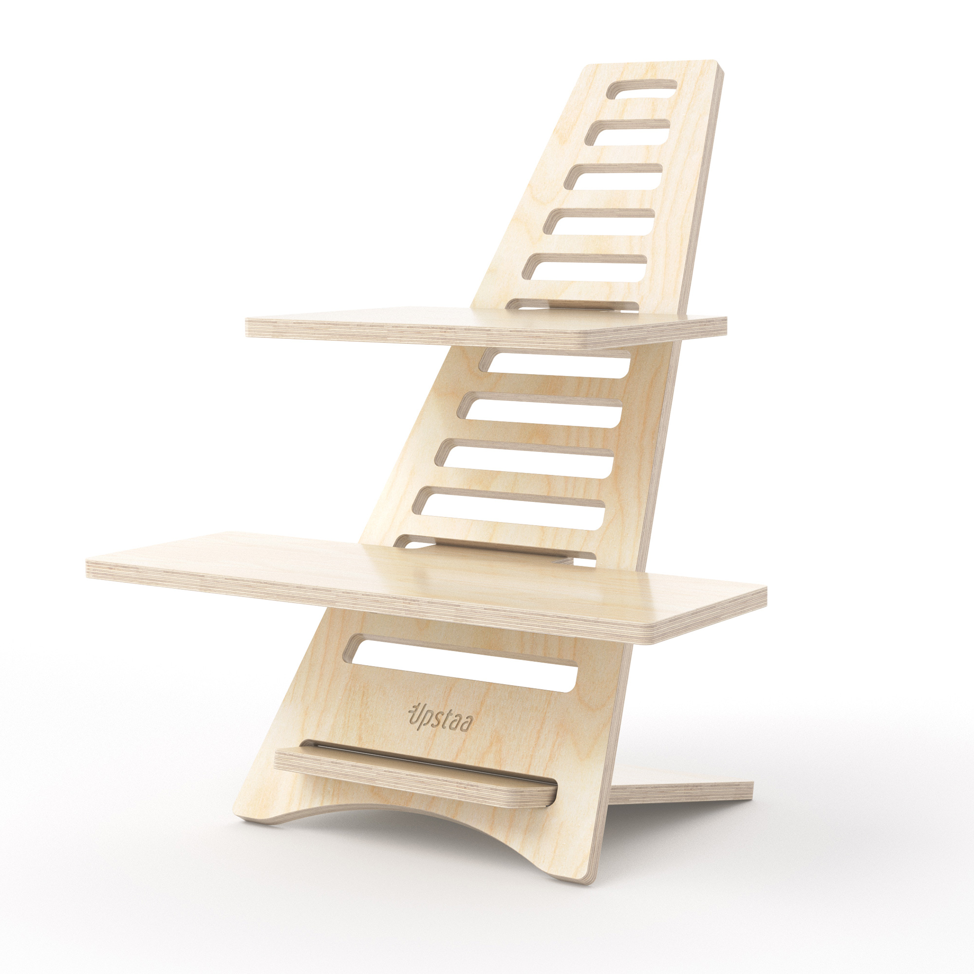 Schreibtischaufsatz Höhenverstellbarer Schreibtischaufsatz aus hellem Birkenholz von Upstaa – ergonomisches Stehpult mit zwei Ablageflächen für Monitor und Tastatur