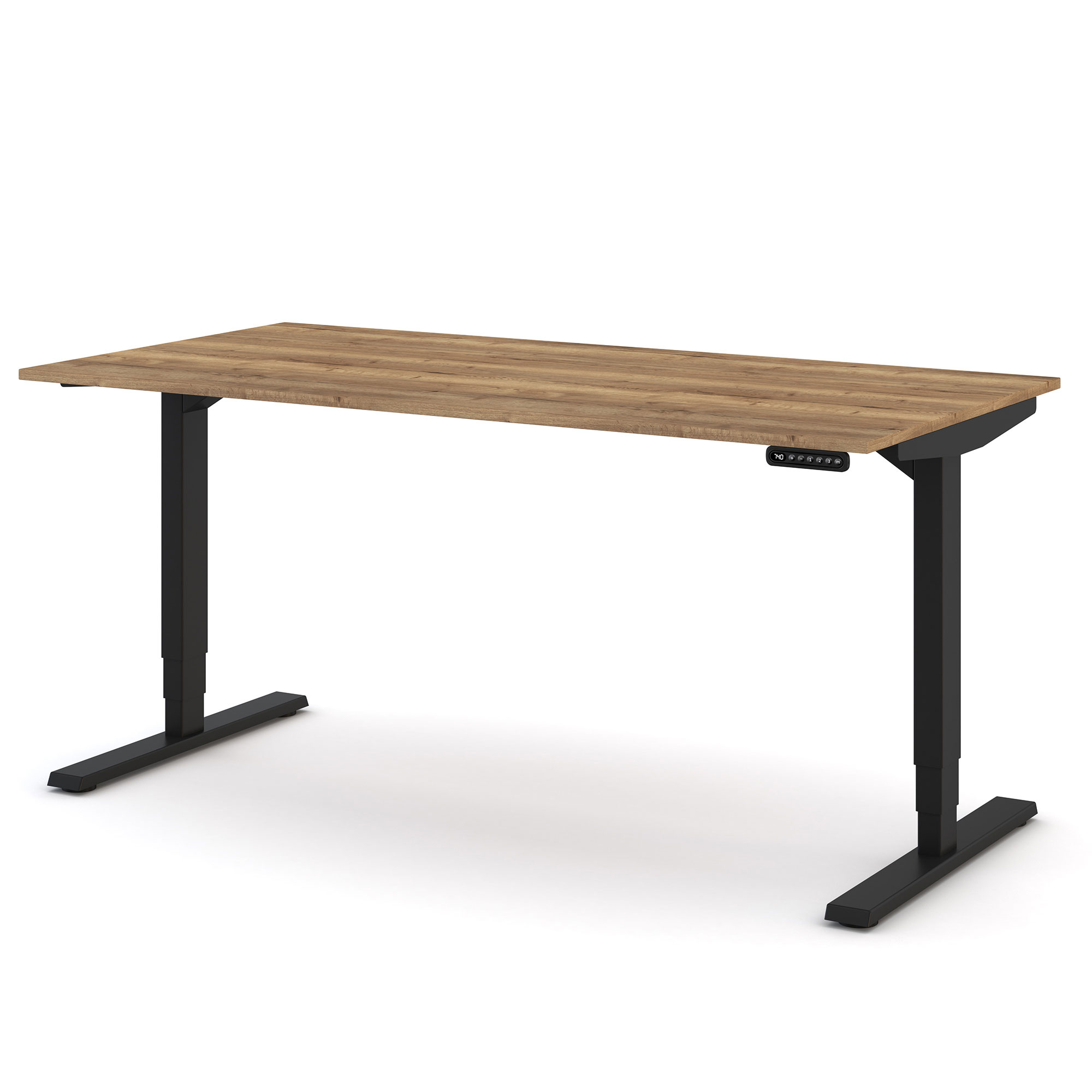 Höhenverstellbarer Schreibtisch mit Holzplatte und schwarzem Metallgestell, rechteckig, mit Bedienfeld zur Höhenverstellung