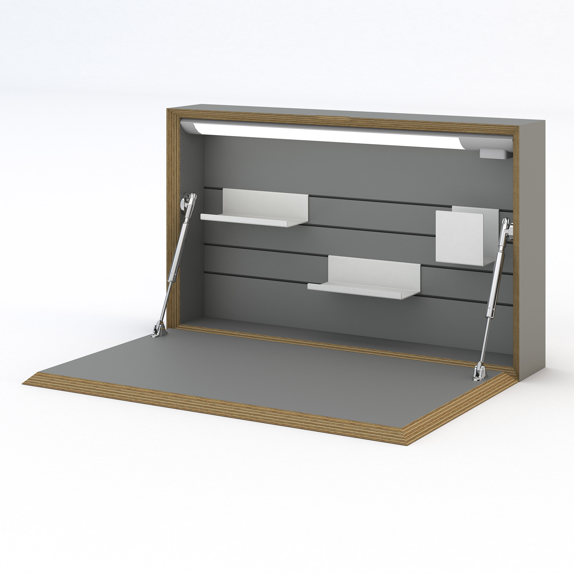 Wandklapptisch mit grauer Arbeitsfläche, Holzkanten und integrierter LED-Beleuchtung.