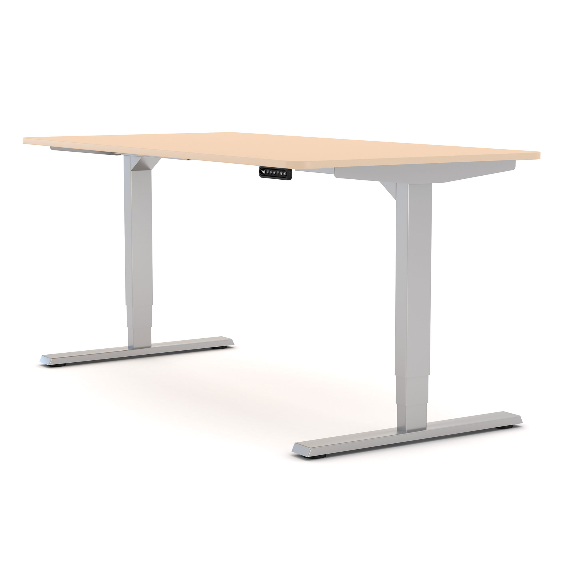 Höhenverstellbarer Schreibtisch mit hellem Holzdekor und grauem Metallgestell.